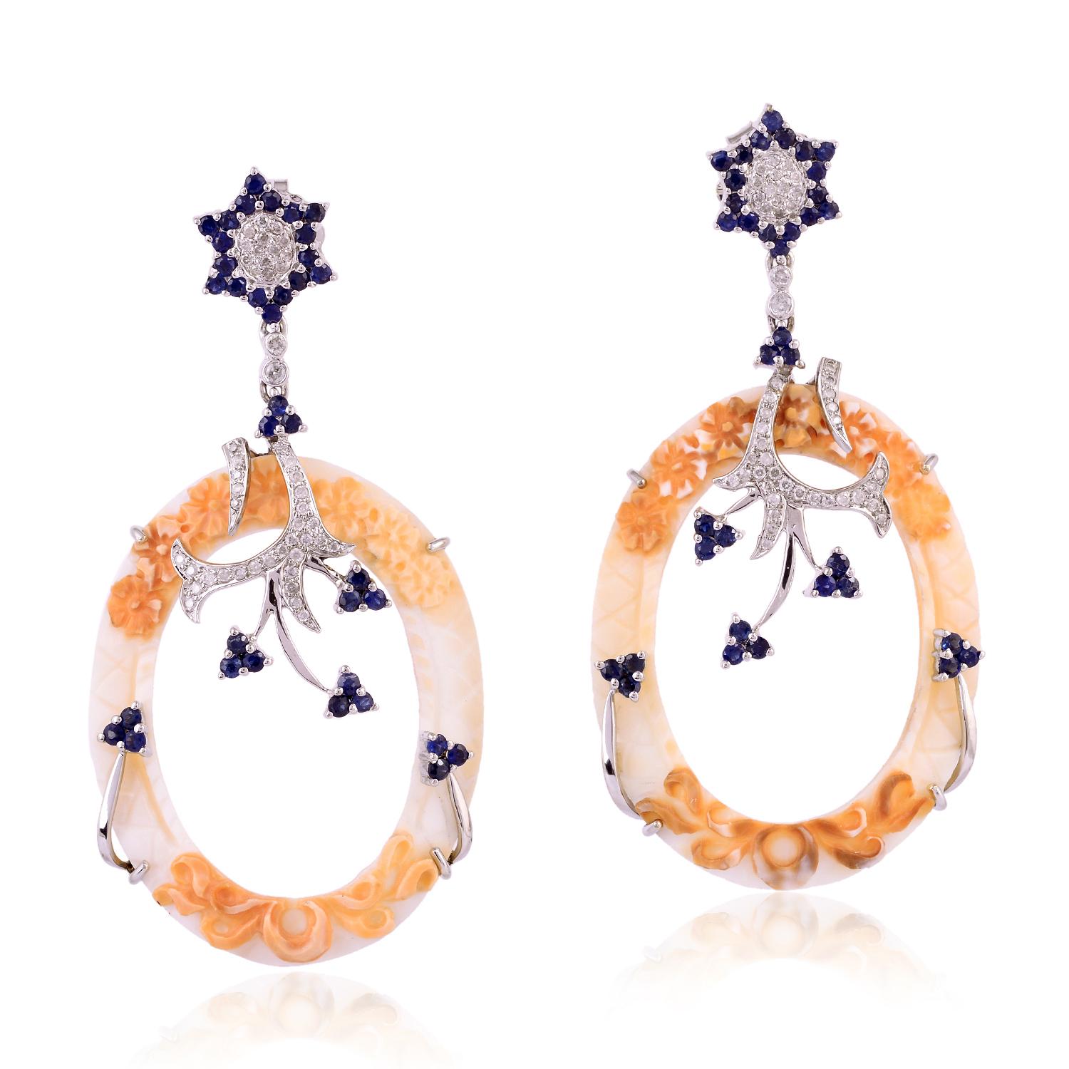 Mixed Cut Hand Carved Cameo Diamond 18 Karat Gold Floral Earrings For Sale
