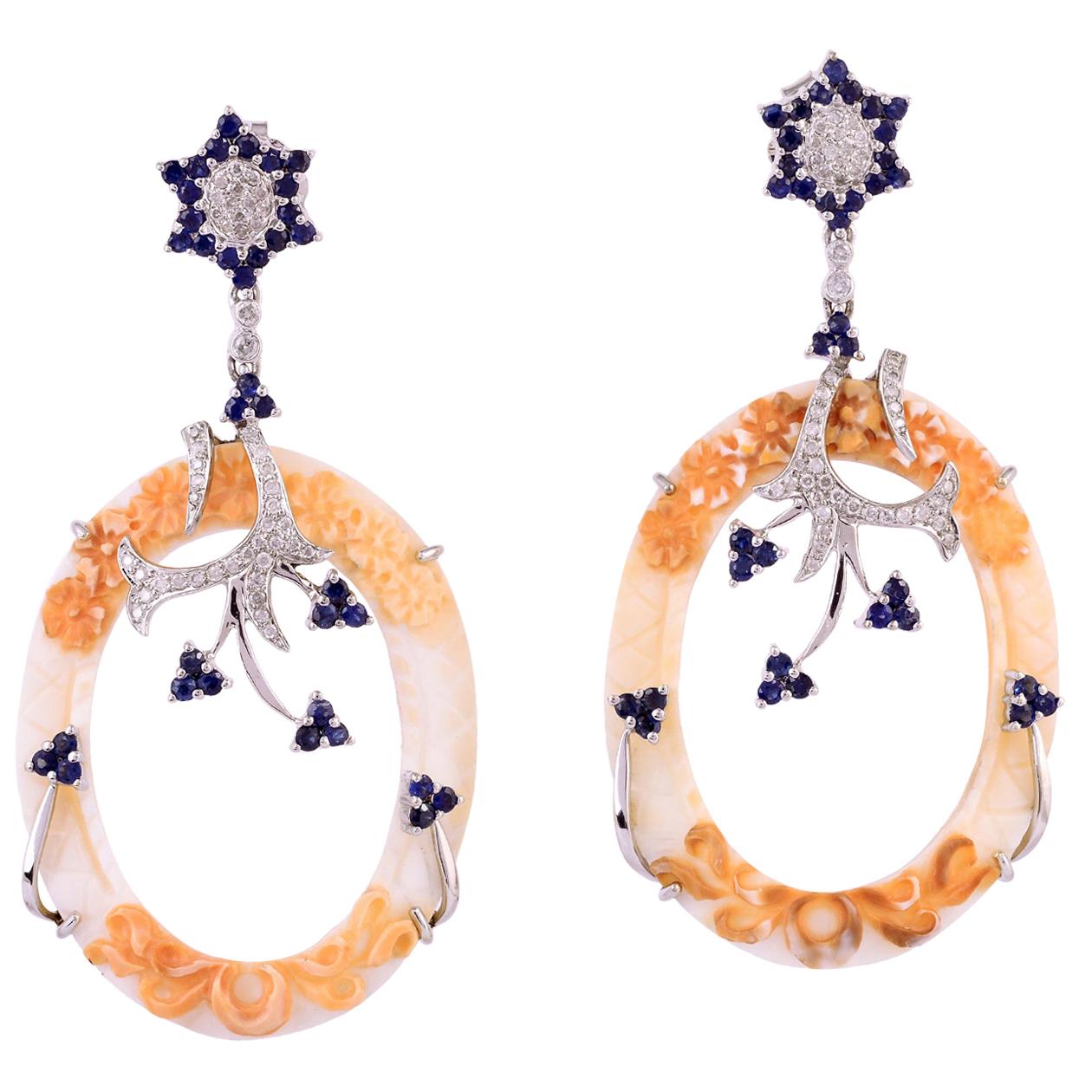 Hand Carved Cameo Diamond 18 Karat Gold Floral Earrings