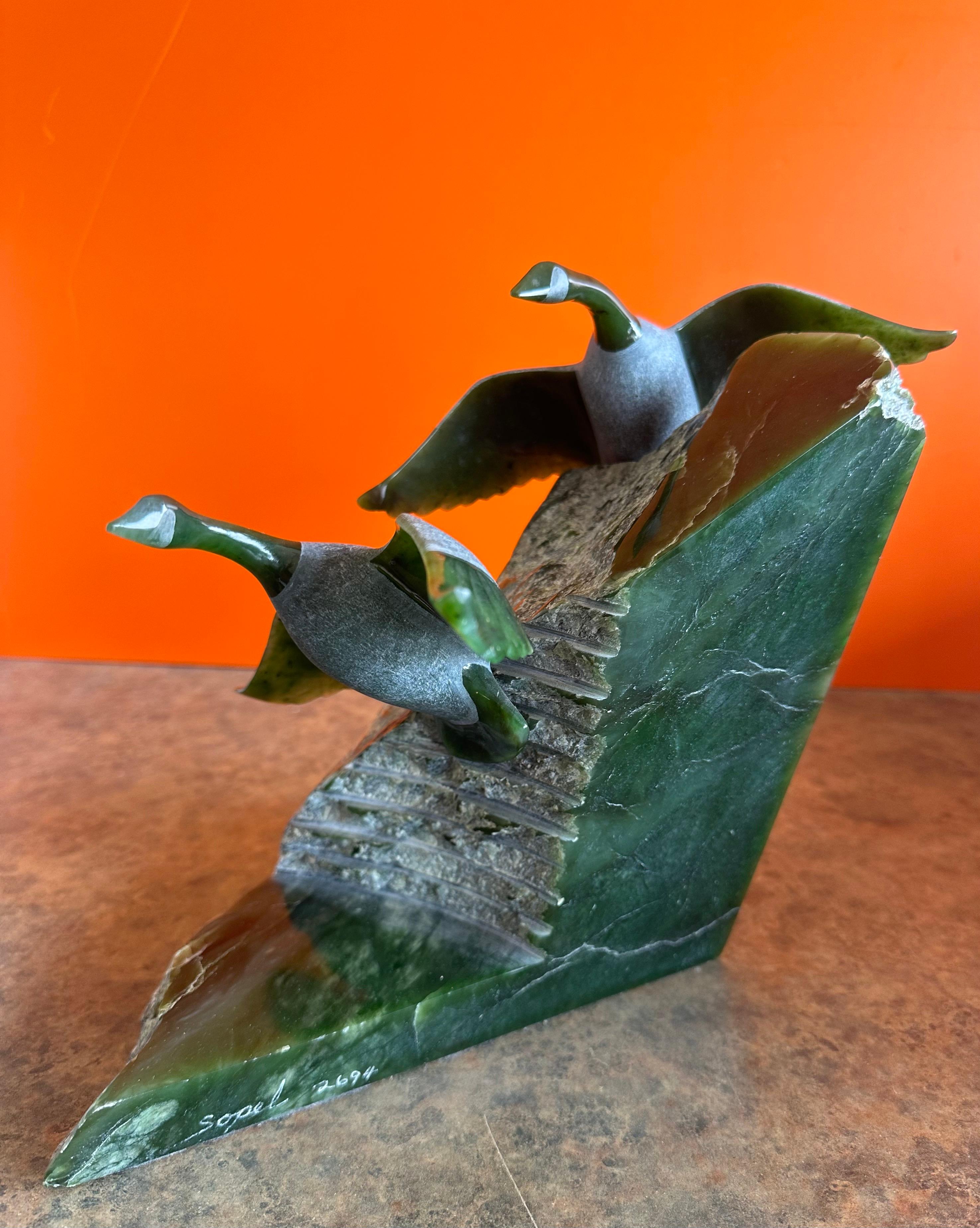Hand Carved Canadian Geese Sculpture in Green Jade by Lyle Sopel For Sale 4