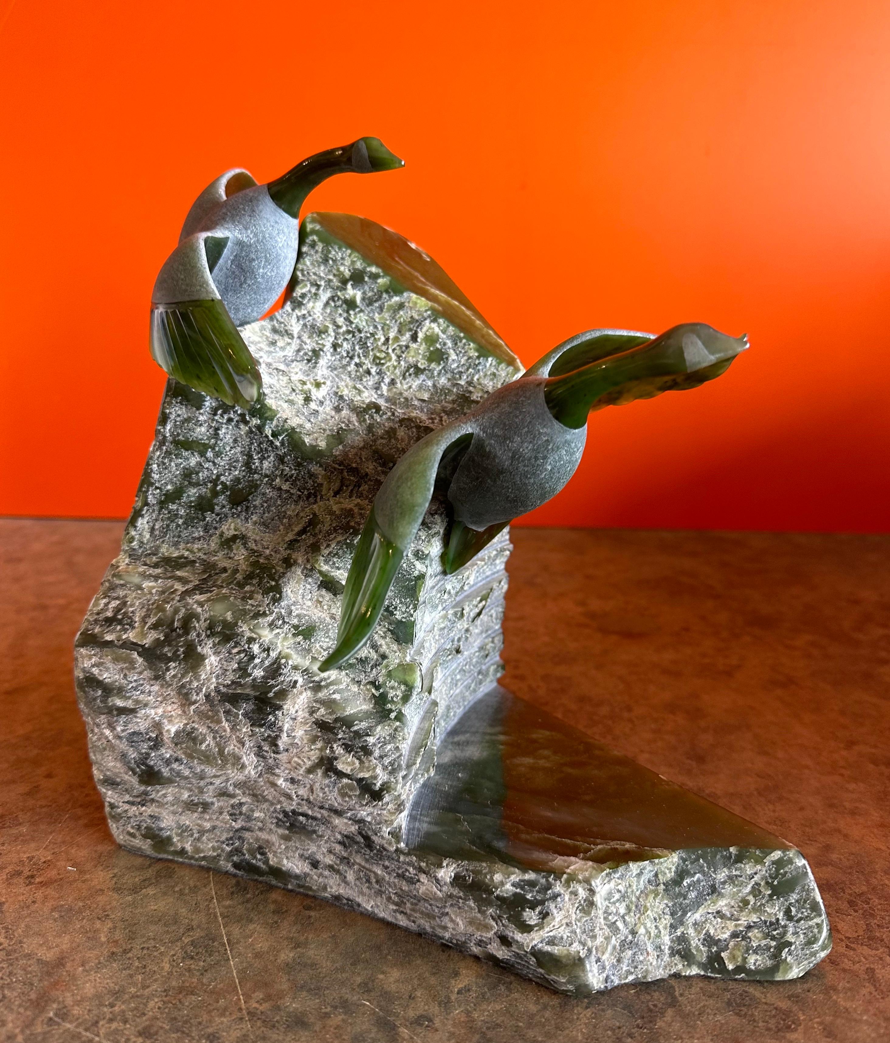 Hand Carved Canadian Geese Sculpture in Green Jade by Lyle Sopel For Sale 6