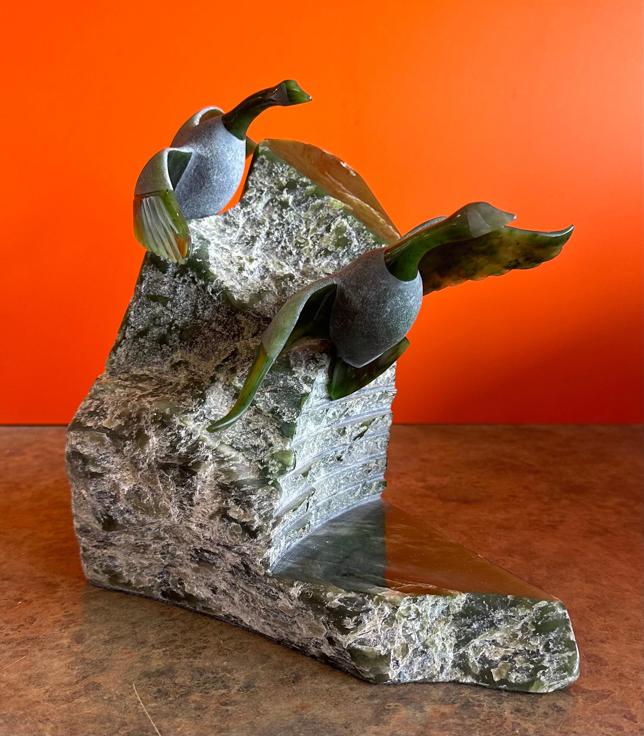 Hand Carved Canadian Geese Sculpture in Green Jade by Lyle Sopel For Sale 8