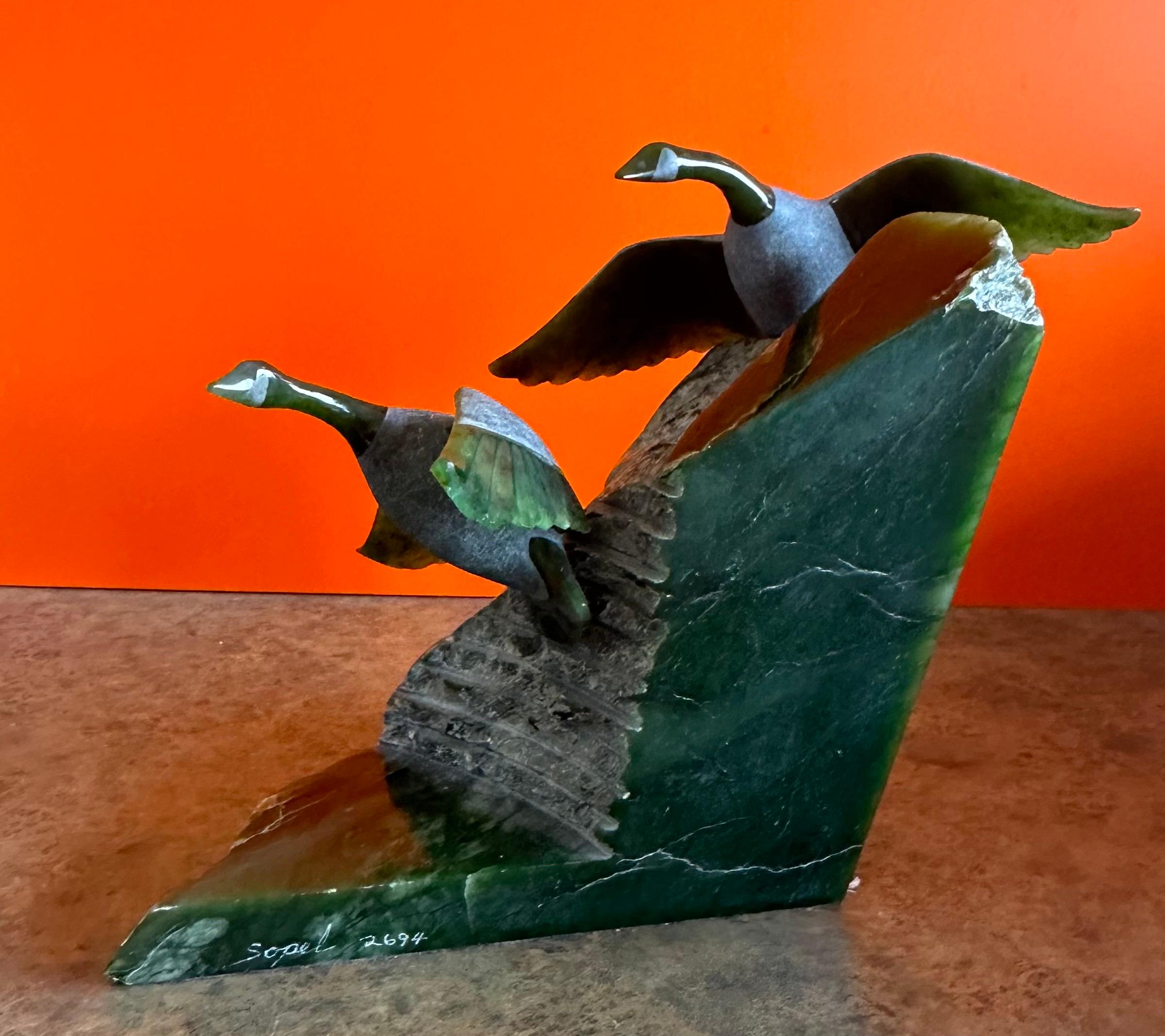 Chinese Hand Carved Canadian Geese Sculpture in Green Jade by Lyle Sopel For Sale