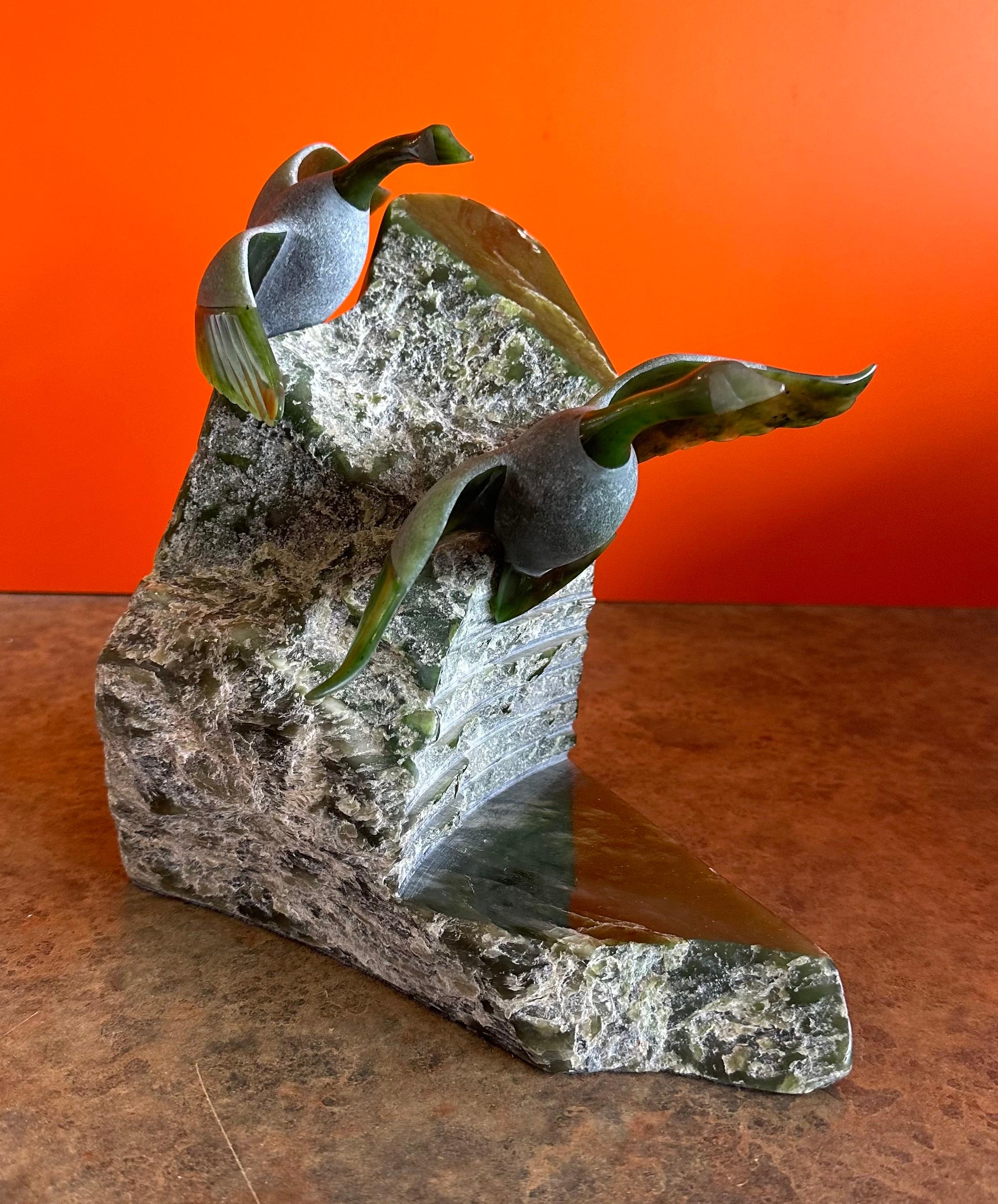 Hand-Carved Hand Carved Canadian Geese Sculpture in Green Jade by Lyle Sopel For Sale