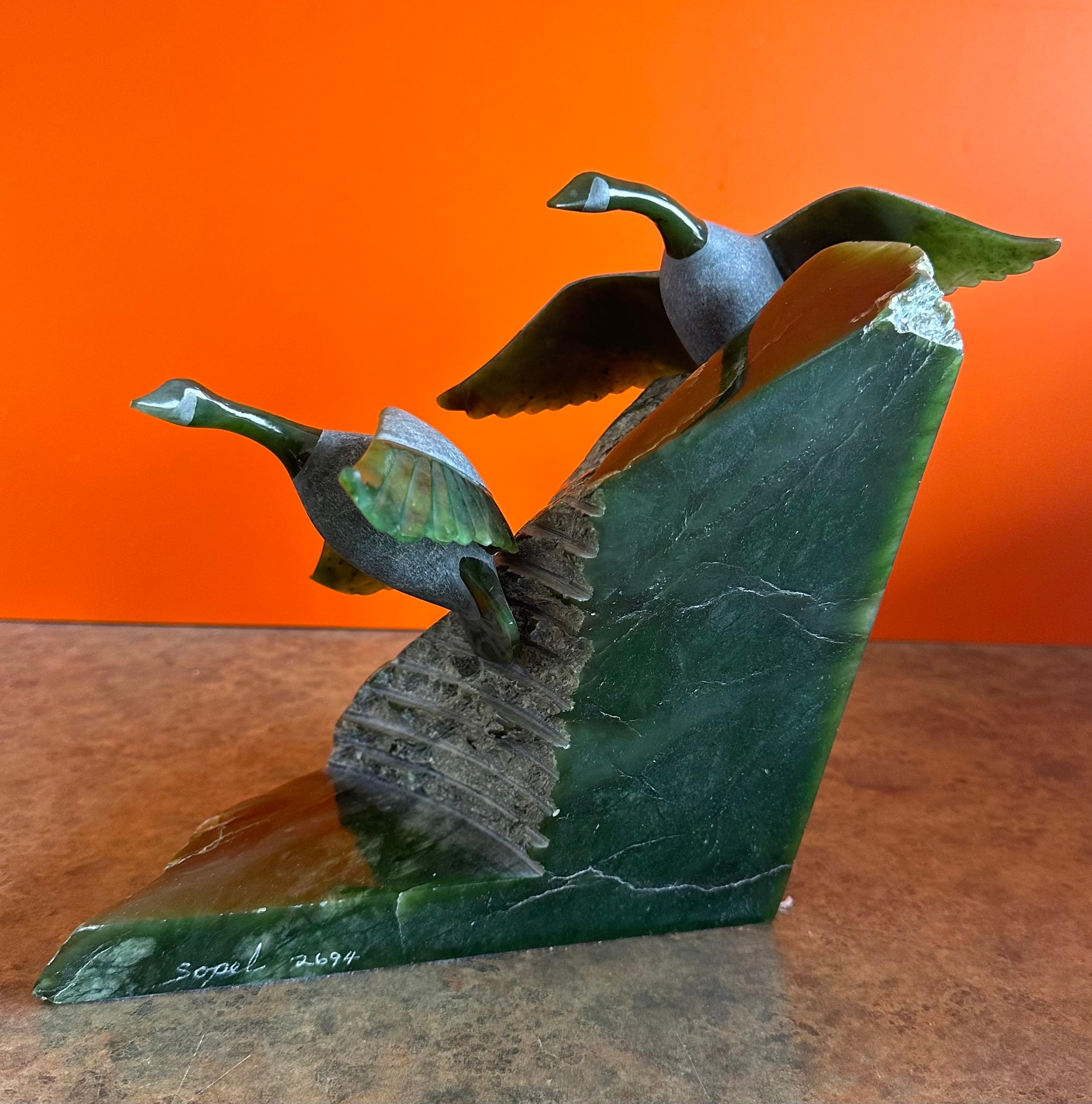 Hand Carved Canadian Geese Sculpture in Green Jade by Lyle Sopel In Good Condition For Sale In San Diego, CA