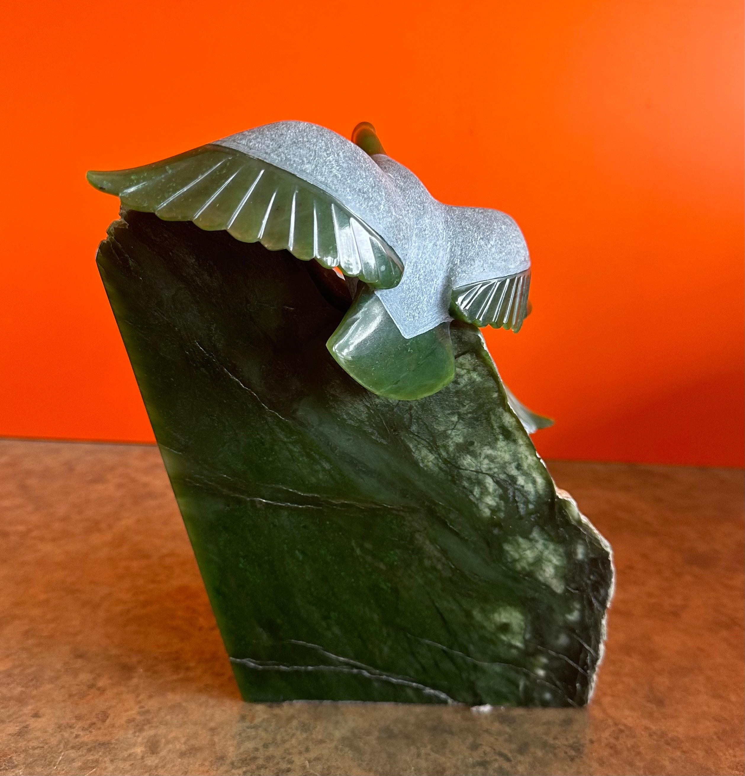 20th Century Hand Carved Canadian Geese Sculpture in Green Jade by Lyle Sopel For Sale
