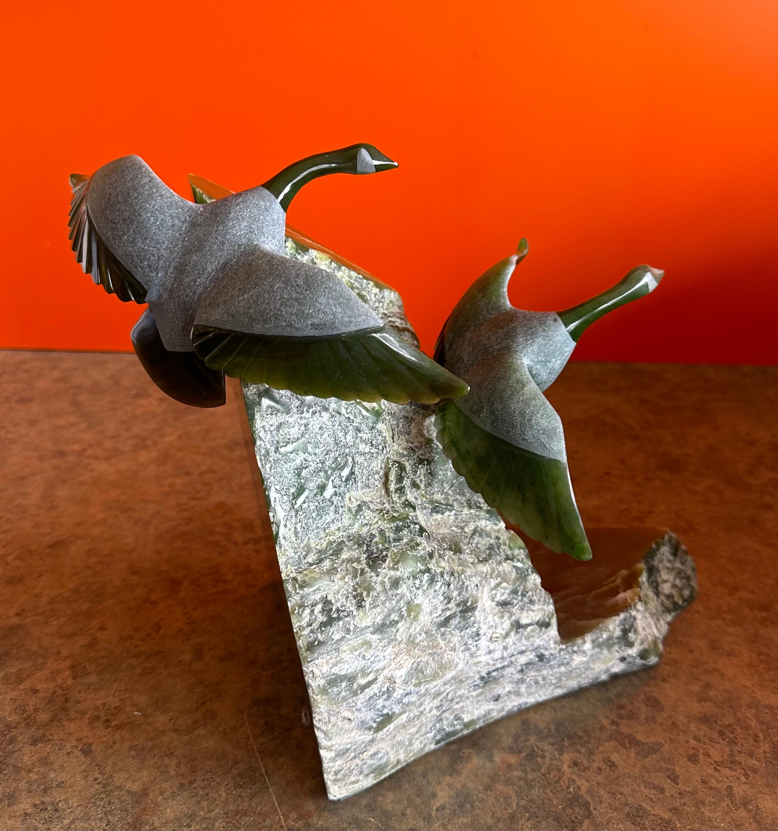 Hand Carved Canadian Geese Sculpture in Green Jade by Lyle Sopel For Sale 2