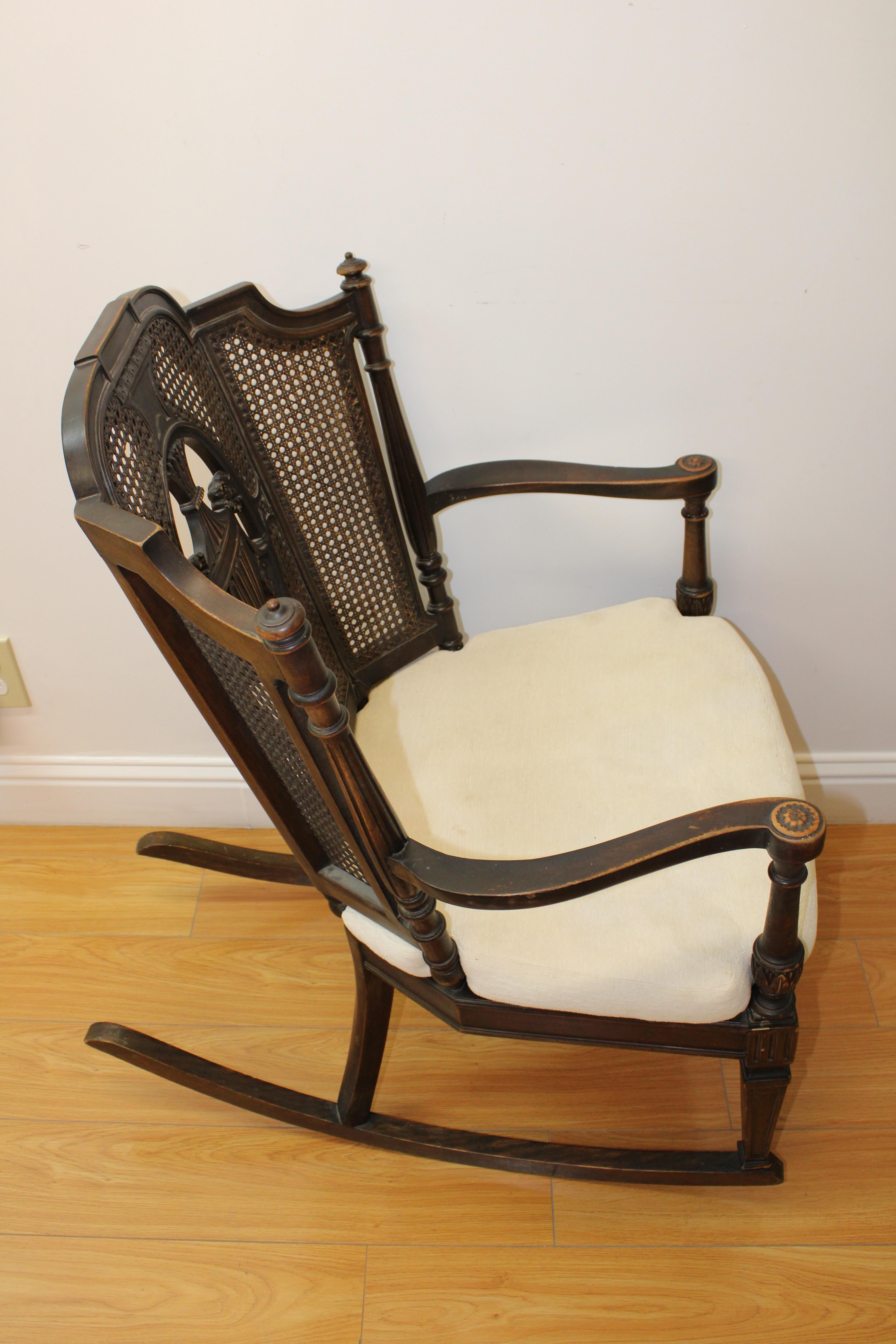 Hand Carved & Caned Back Rocking Chair In Good Condition In San Francisco, CA