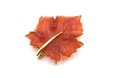 Hand Carved Carnelian Leaf Gold Pendant Brooch by Somos Creations