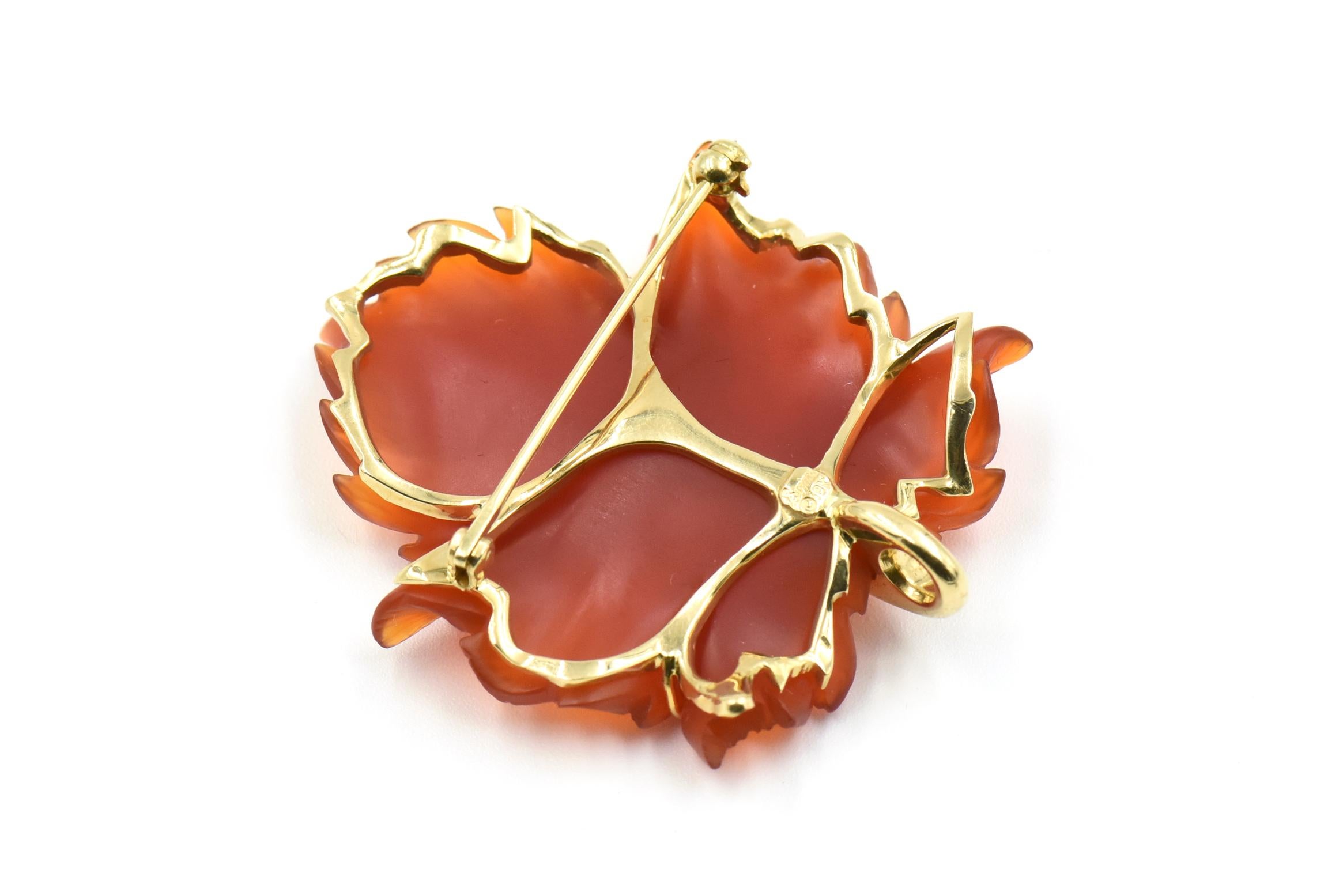 Hand Carved Carnelian Leaf Gold Pendant Brooch by Somos Creations 1