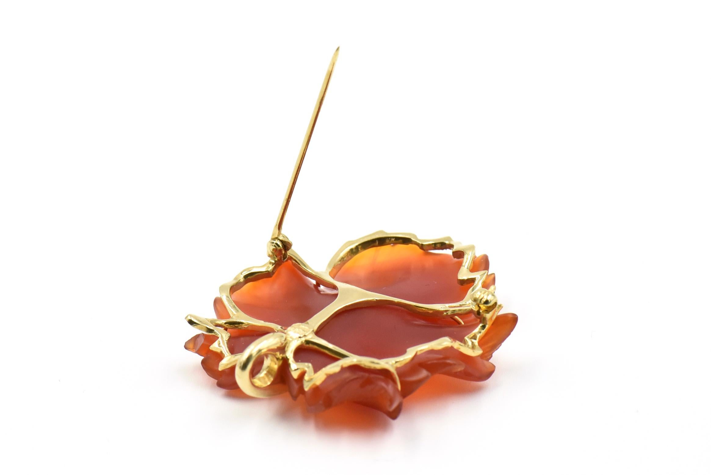 Hand Carved Carnelian Leaf Gold Pendant Brooch by Somos Creations 2