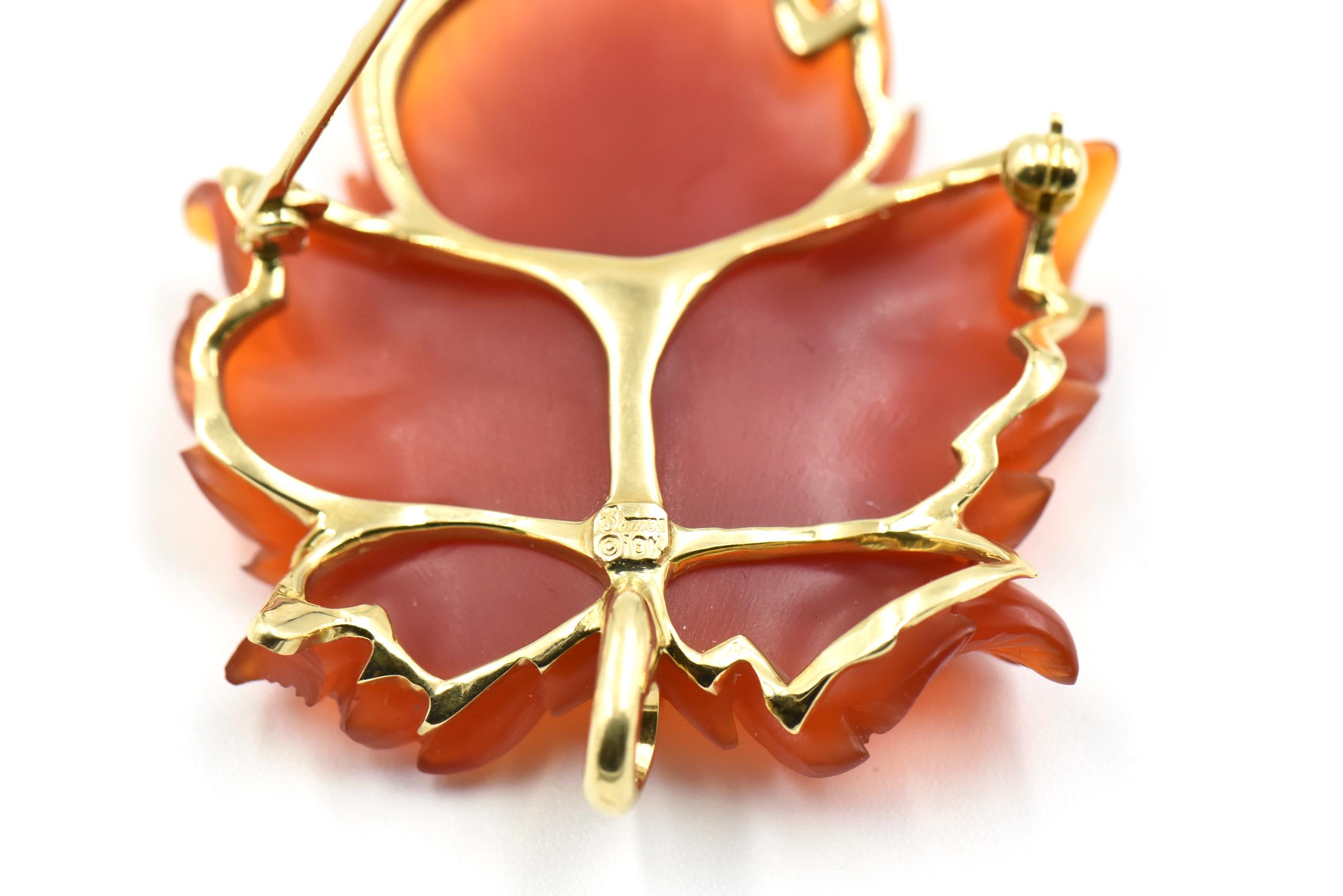 Hand Carved Carnelian Leaf Gold Pendant Brooch by Somos Creations 4