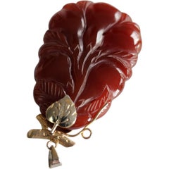 Hand-Carved Carnelian Leaf Pendant with Gold-Filled Vine Detail