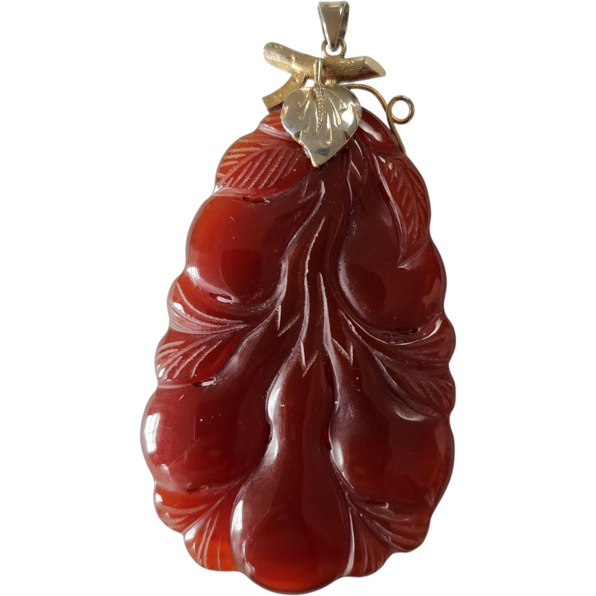 Hand-Carved Carnelian Leaf Pendant with Gold-Filled Vine Detail For Sale