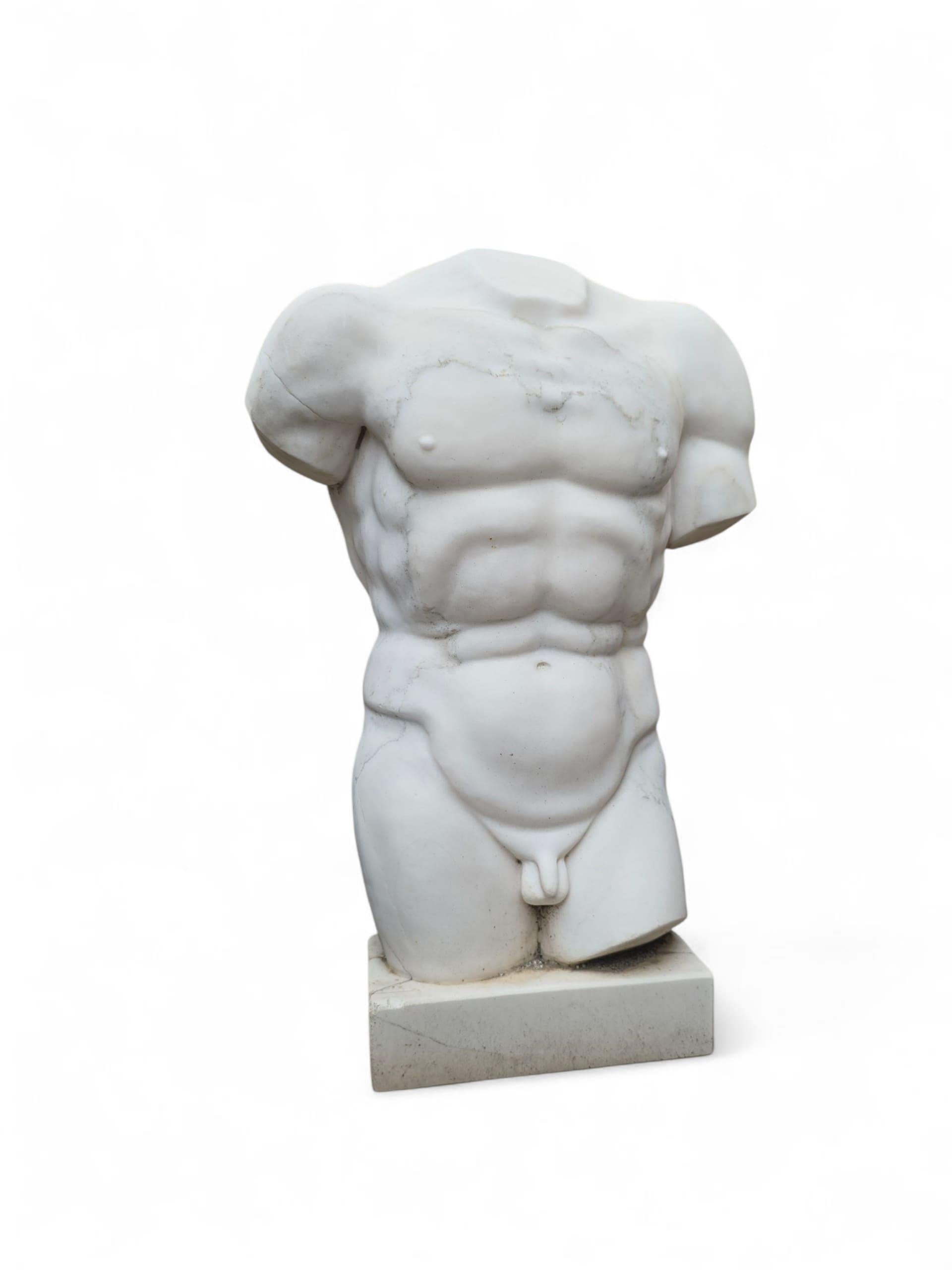 Impresionante escultura clásica de torso masculino, tallada a mano en fino mármol blanco de Carrara en Italia. Inspirada en la antigua estatuaria griega, la pieza está finamente cincelada para resaltar la precisión anatómica y la forma idealizada,
