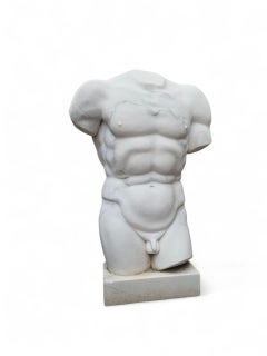 Hand-Carved Carrara Marble Classical Male Torso Sculpture, Italy