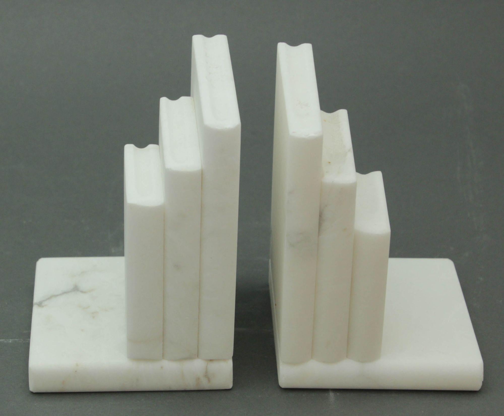 Hand Carved Carrara White Marble Books Stacked Bookends Italy 1970's For Sale 5