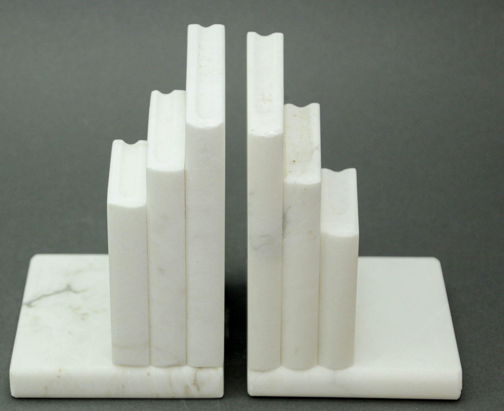 Post-Modern Hand Carved Carrara White Marble Books Stacked Bookends Italy 1970's For Sale