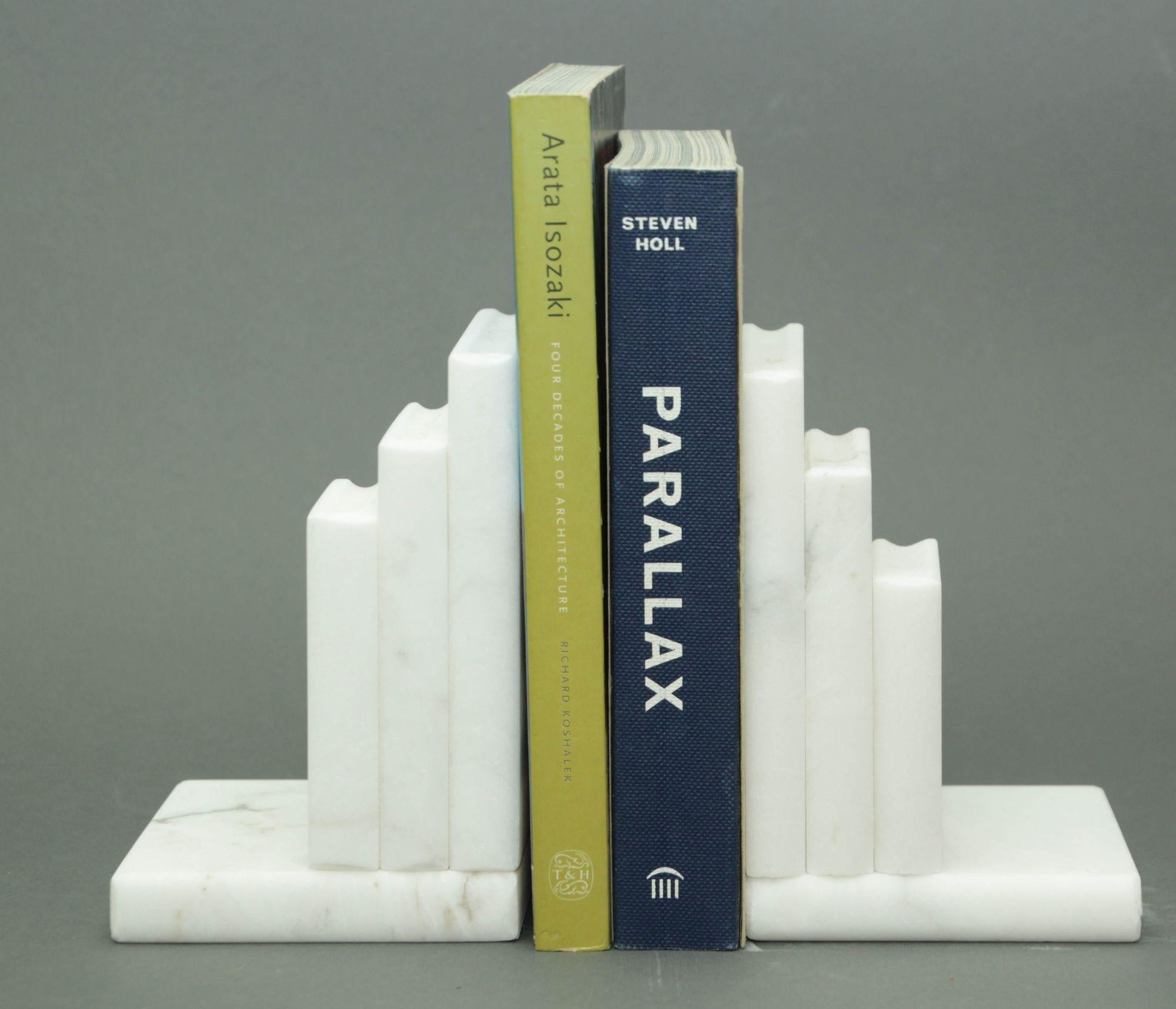 Italian Hand Carved Carrara White Marble Books Stacked Bookends Italy 1970's For Sale