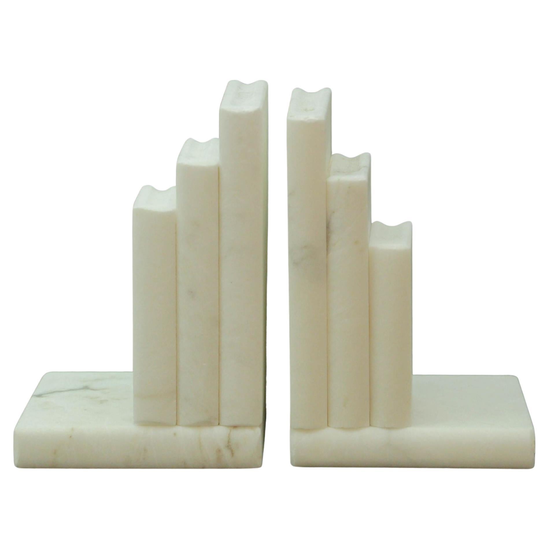 Hand Carved Carrara White Marble Books Stacked Bookends Italy 1970's