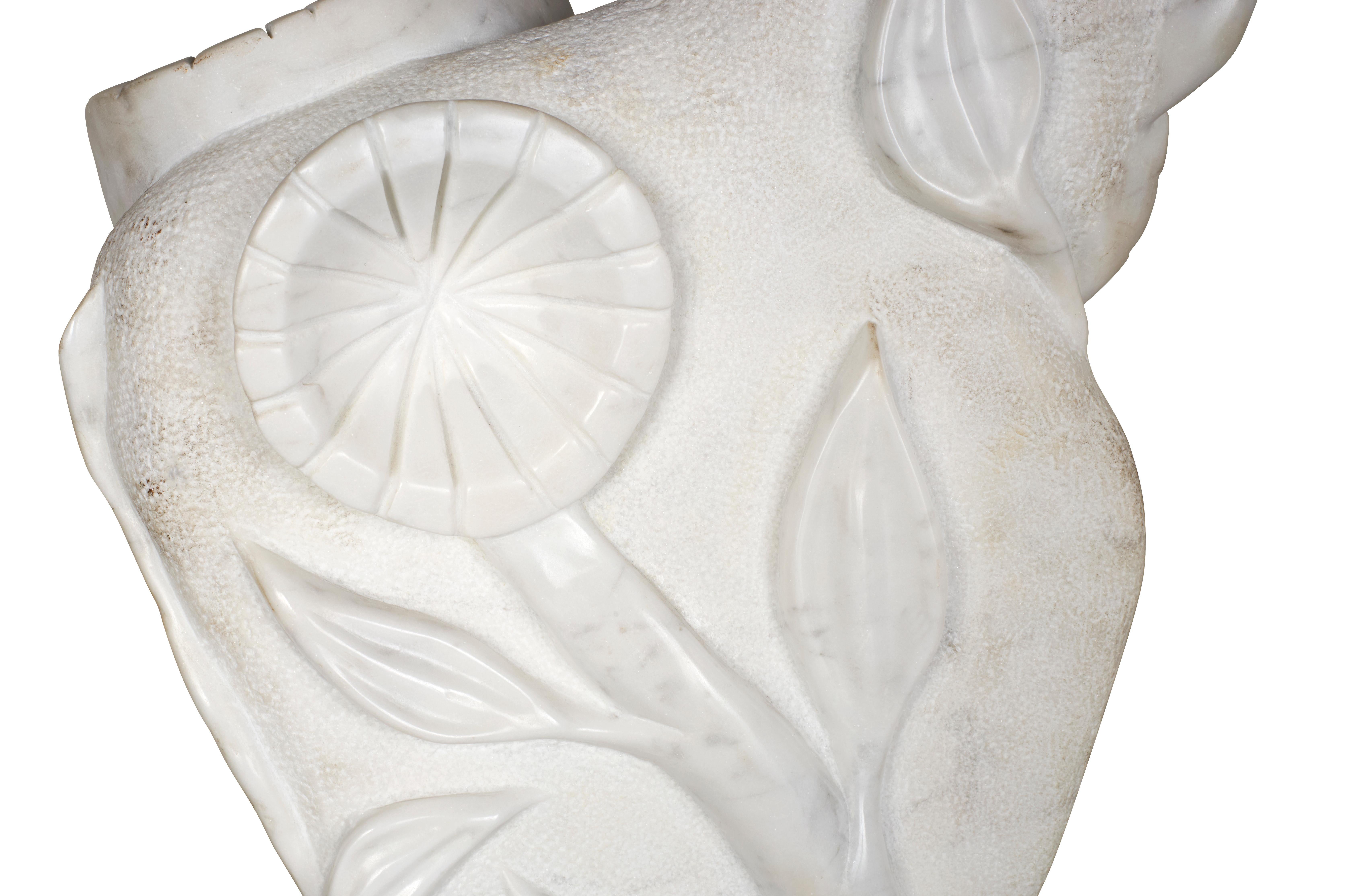 Hand Carved Carrera Marble Bouquet on Oxidezed Steel Base In Good Condition For Sale In Dallas, TX