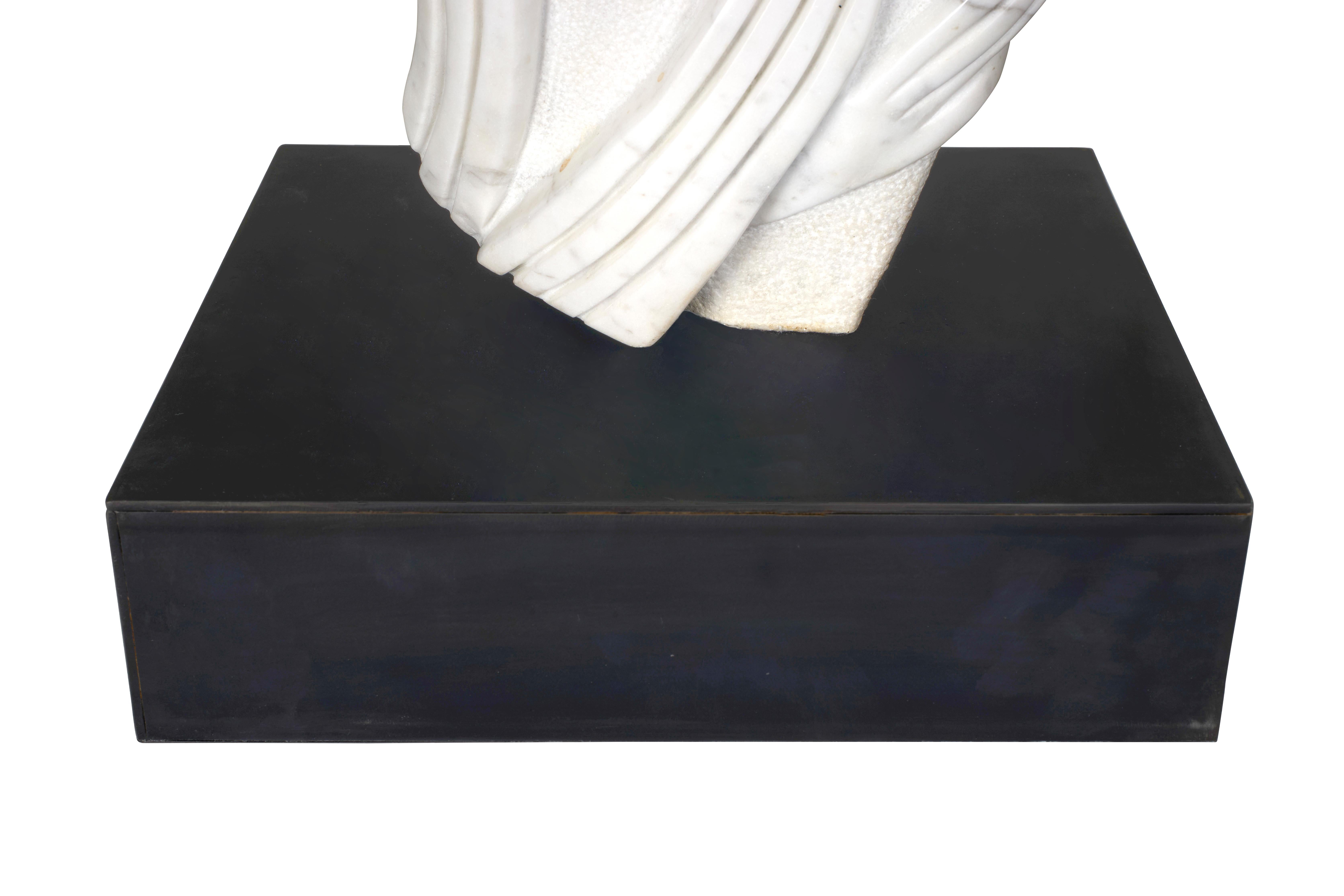Hand Carved Carrera Marble Bouquet on Oxidezed Steel Base For Sale 2
