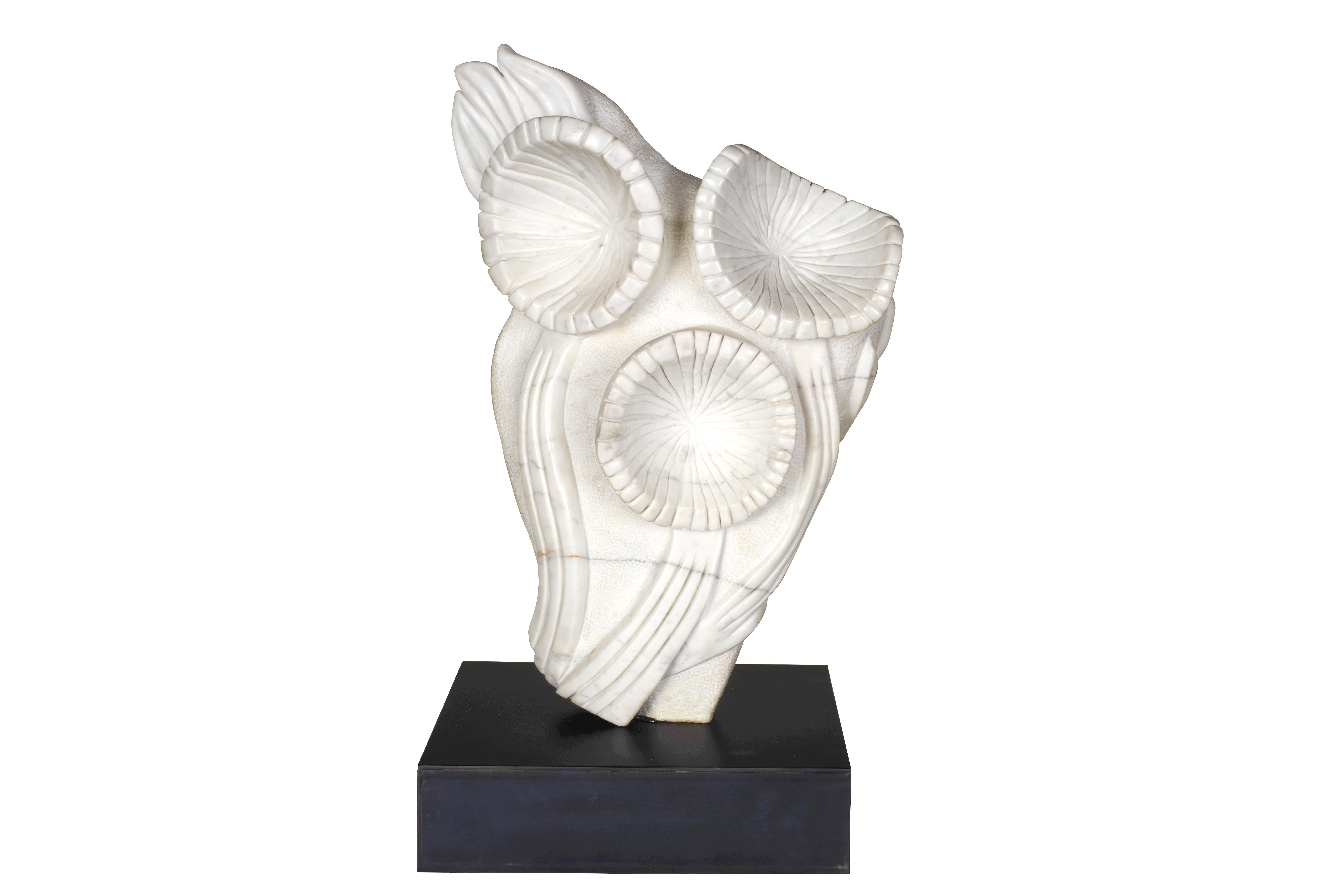 Hand Carved Carrera Marble Bouquet on Oxidezed Steel Base For Sale 3