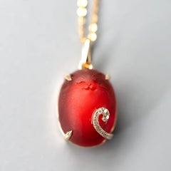 Hand Carved Cat Mexican Egg Fire Opal, Diamond Tail Necklace 18K Yellow Gold