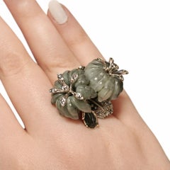 Hand-Carved Cat’s Eye Flower Ring in 18K White Gold with 3ct Grey Sapphires