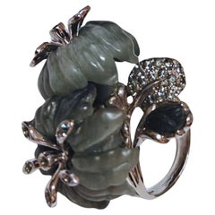 Hand-Carved Cat’s Eye Flower Ring in 18K White Gold with 3ct Grey Sapphires