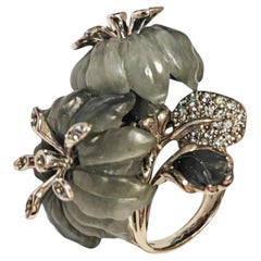 Hand-Carved Cat’s Eye Flower Ring in 18K White Gold with 3ct Grey Sapphires