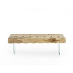 Hand-Carved Cedar Wood Bench with Glass Legs, Modern Design, Italy