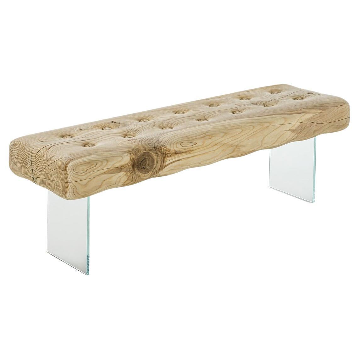 Hand-Carved Cedar Wood Bench with Glass Legs, Modern Design, Italy im Angebot