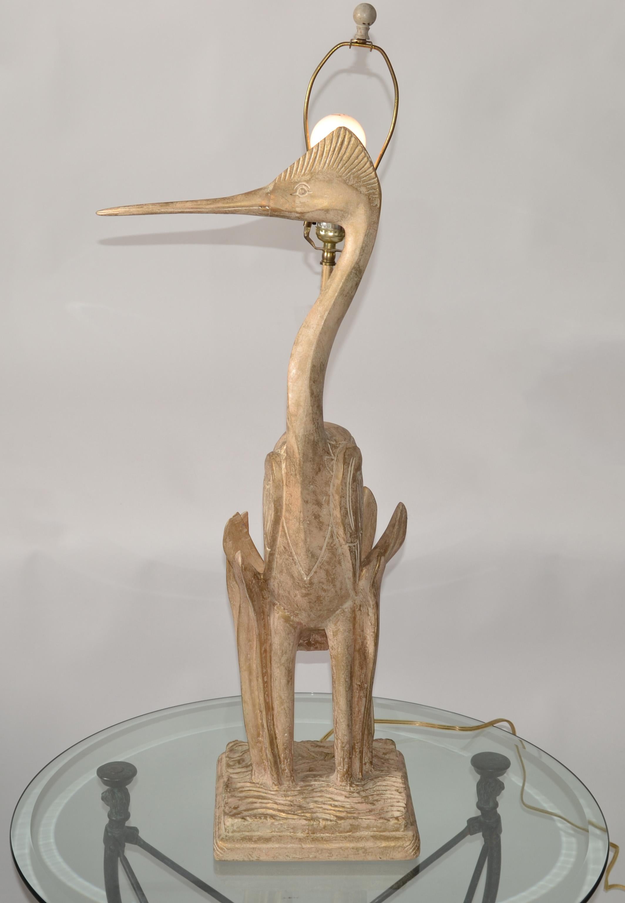 Hand Carved Cedar Wood Heron Bird Table Lamp Hollywood Regency Animal Figurine For Sale 11
