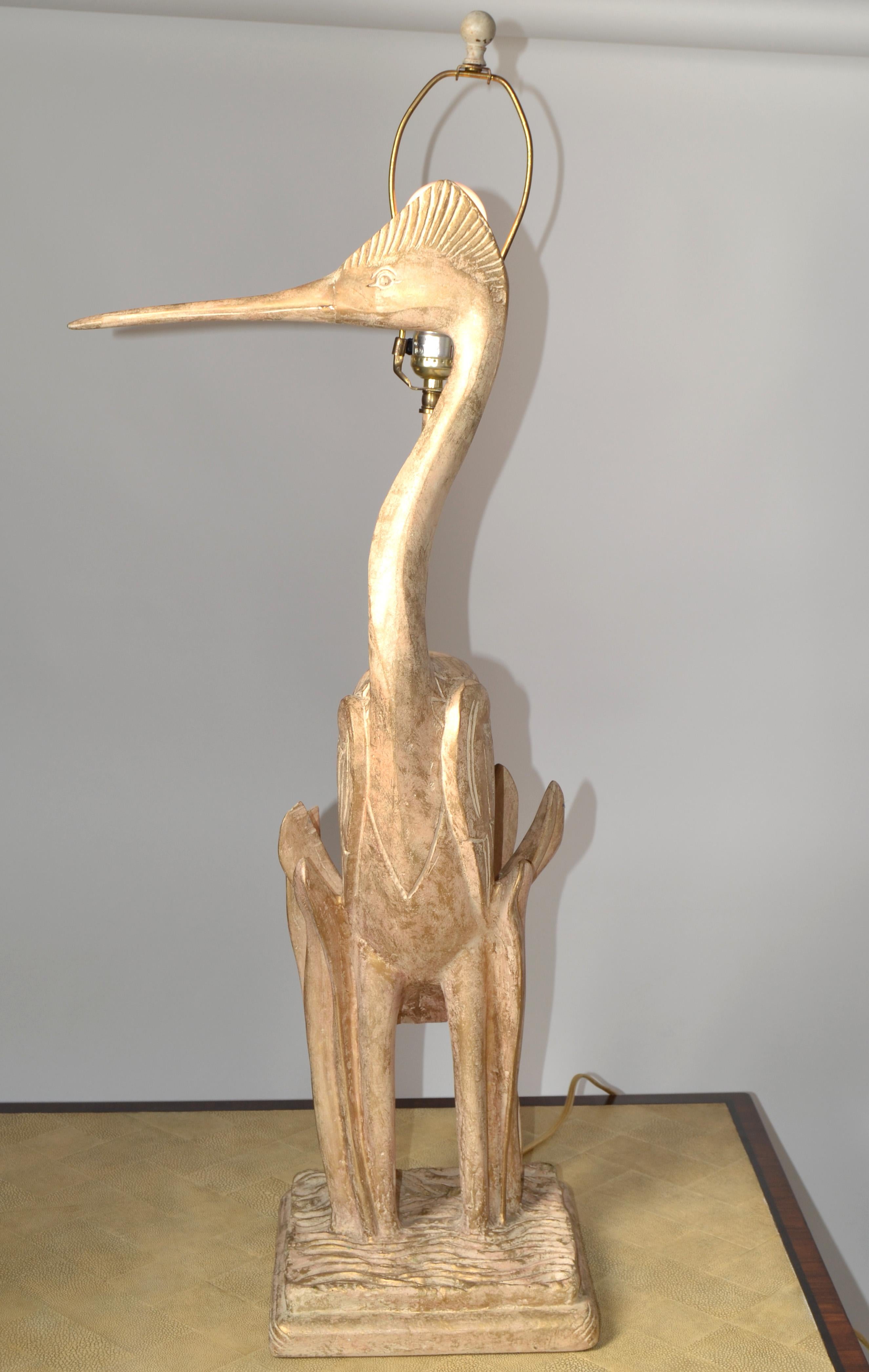 Hand Carved Cedar Wood Heron Bird Table Lamp Hollywood Regency Animal Figurine For Sale 12