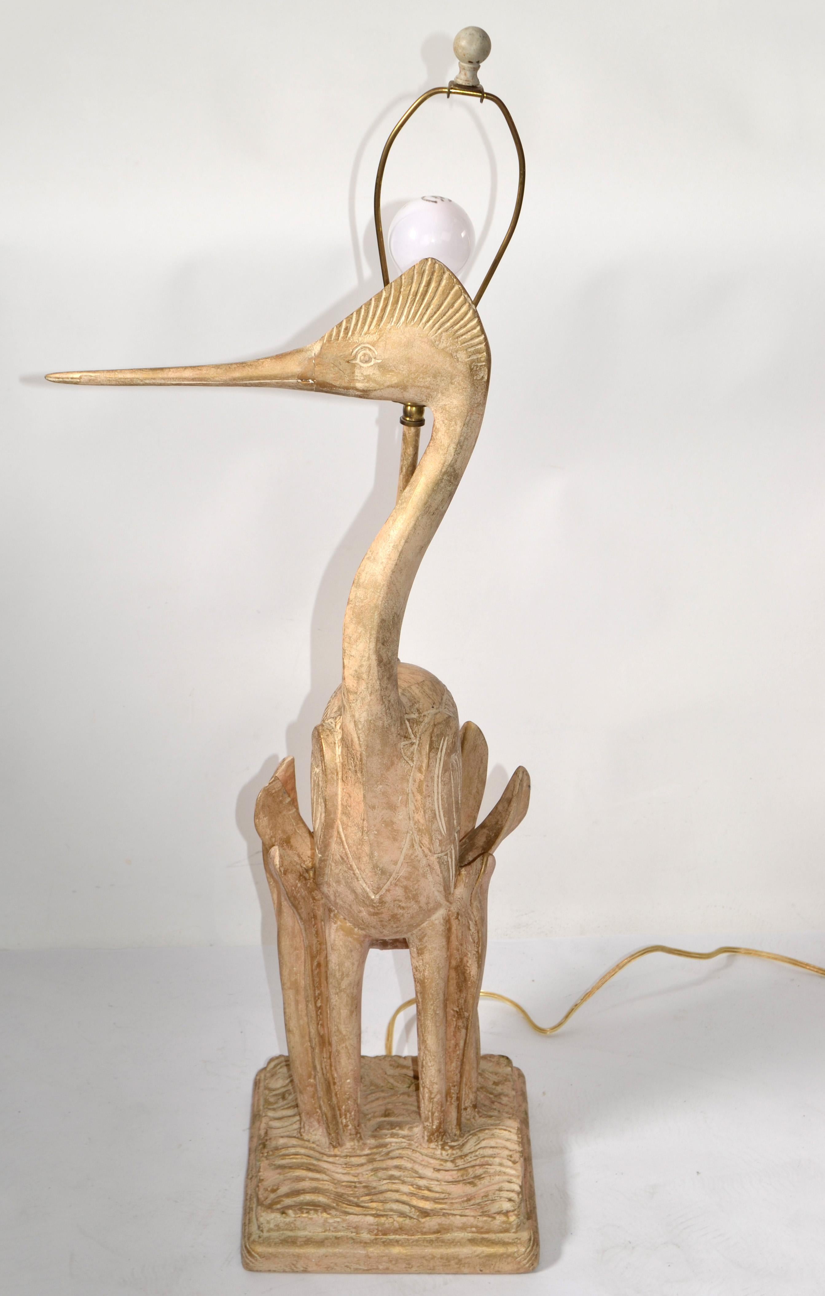 American Hand Carved Cedar Wood Heron Bird Table Lamp Hollywood Regency Animal Figurine For Sale