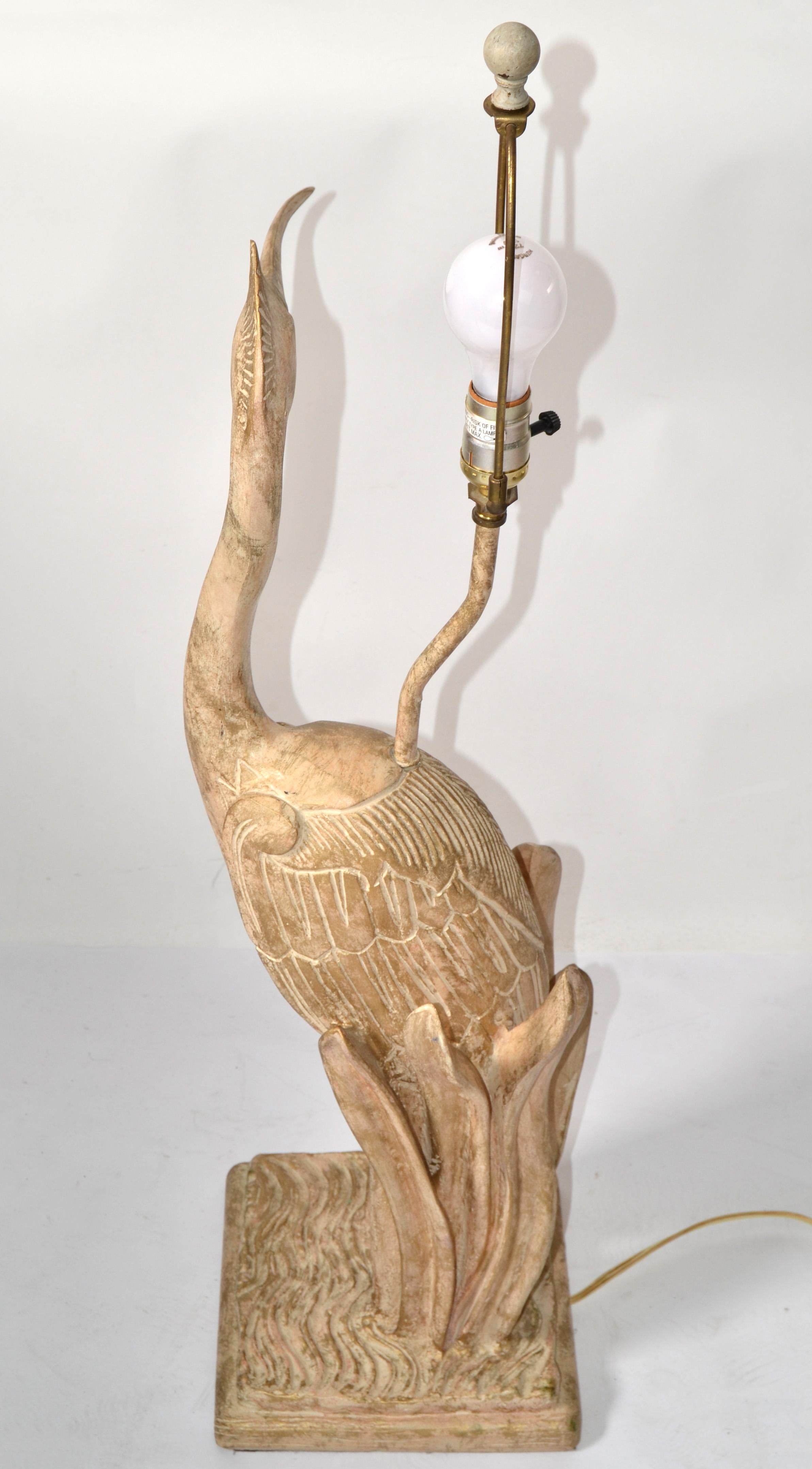Hand-Carved Hand Carved Cedar Wood Heron Bird Table Lamp Hollywood Regency Animal Figurine For Sale