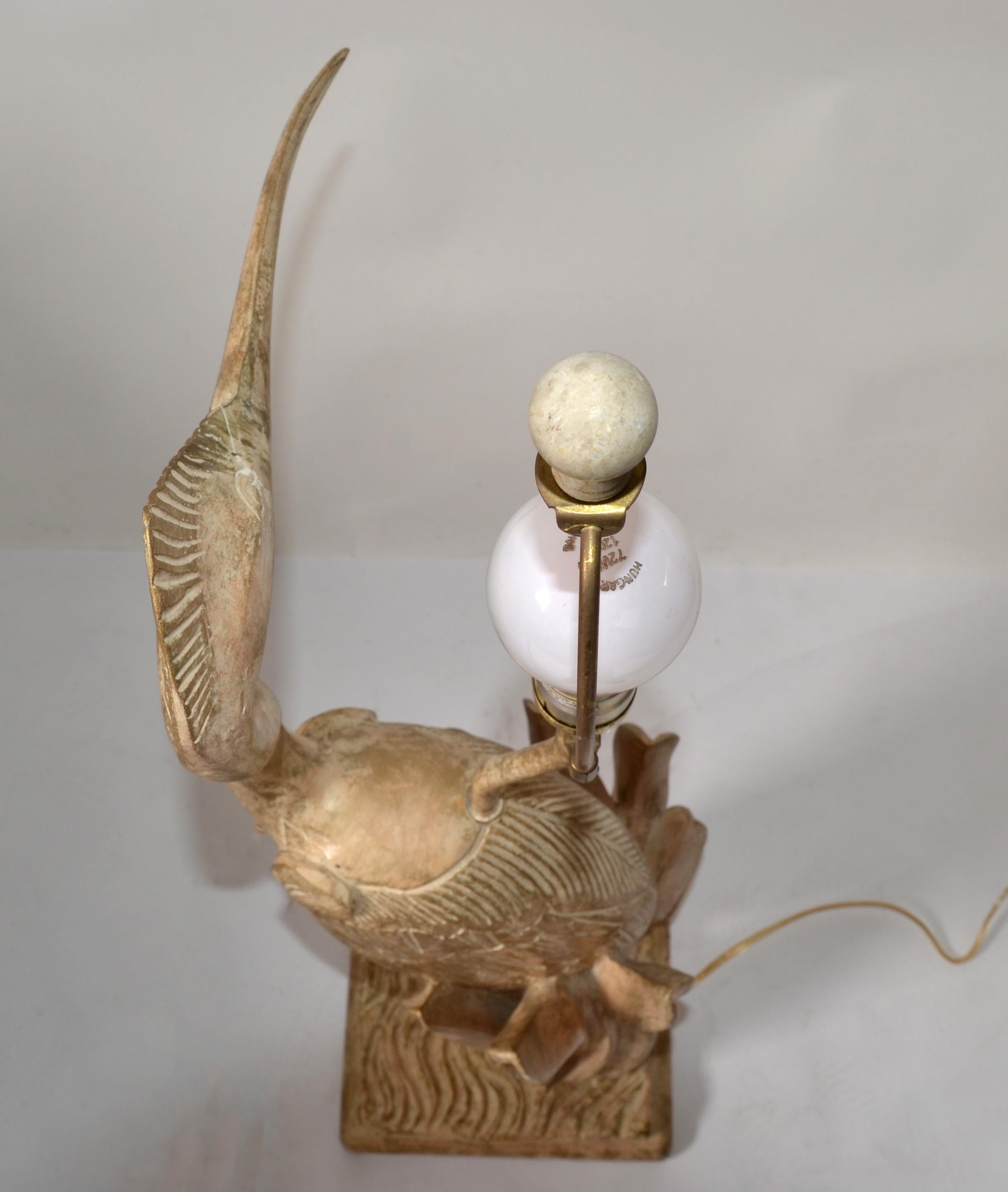 Metal Hand Carved Cedar Wood Heron Bird Table Lamp Hollywood Regency Animal Figurine For Sale