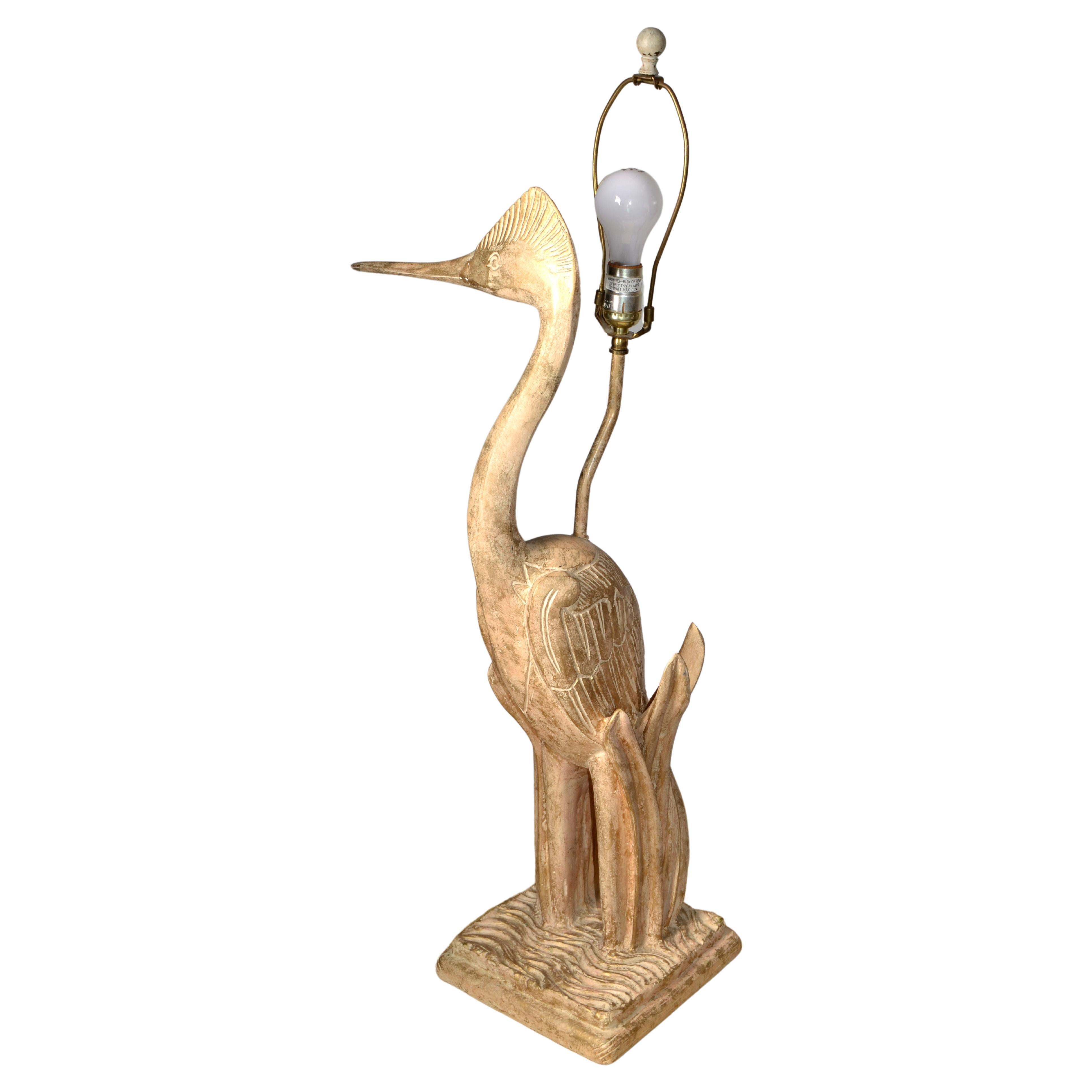 Hand Carved Cedar Wood Heron Bird Table Lamp Hollywood Regency Animal Figurine For Sale