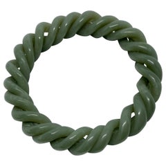 Hand Carved Celadon Nephrite Jade Rope Bangle Bracelet