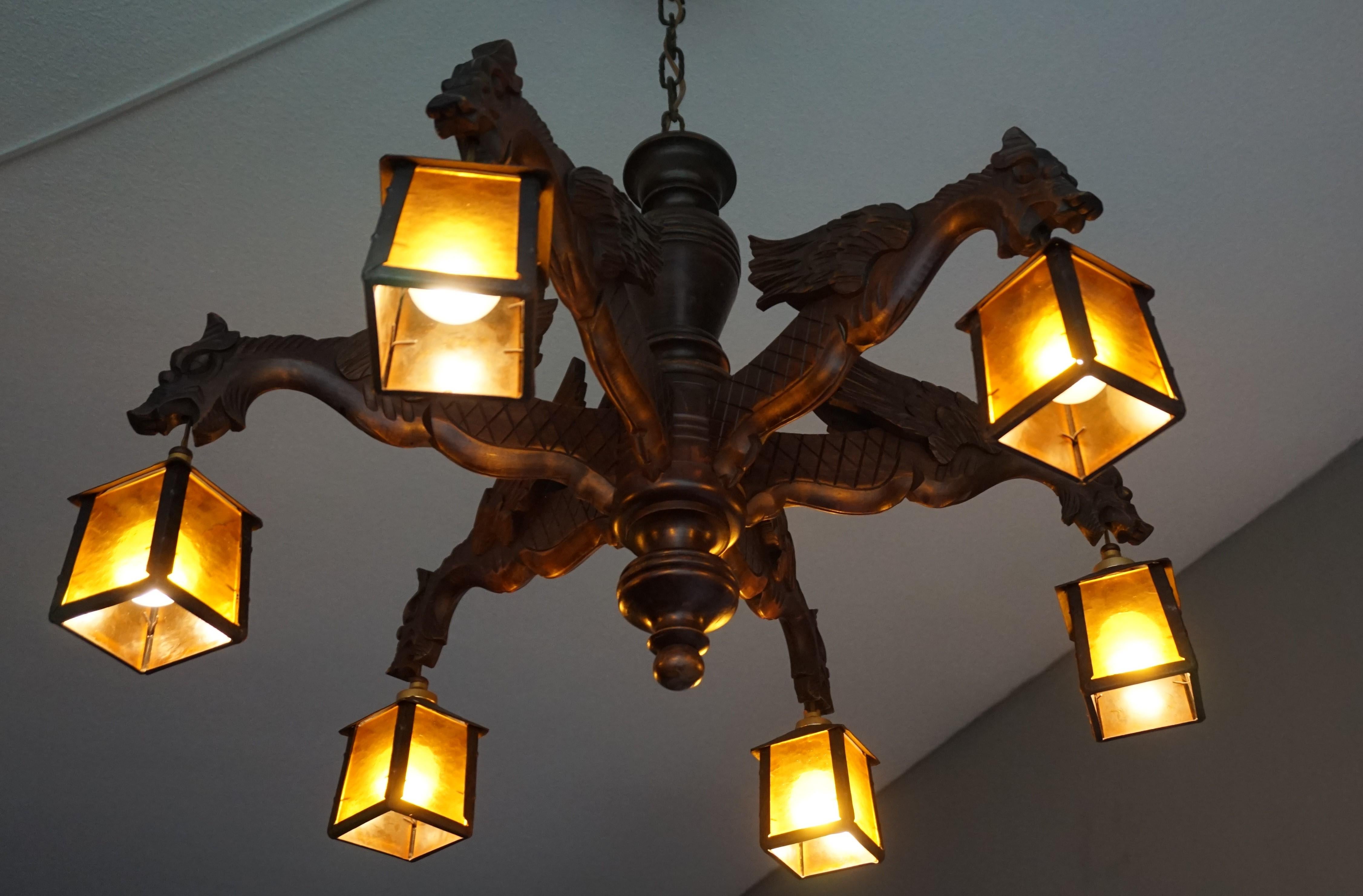 Glass Hand Carved Chandelier in Medieval Gothic Style, Six Dragons Holding Lanterns