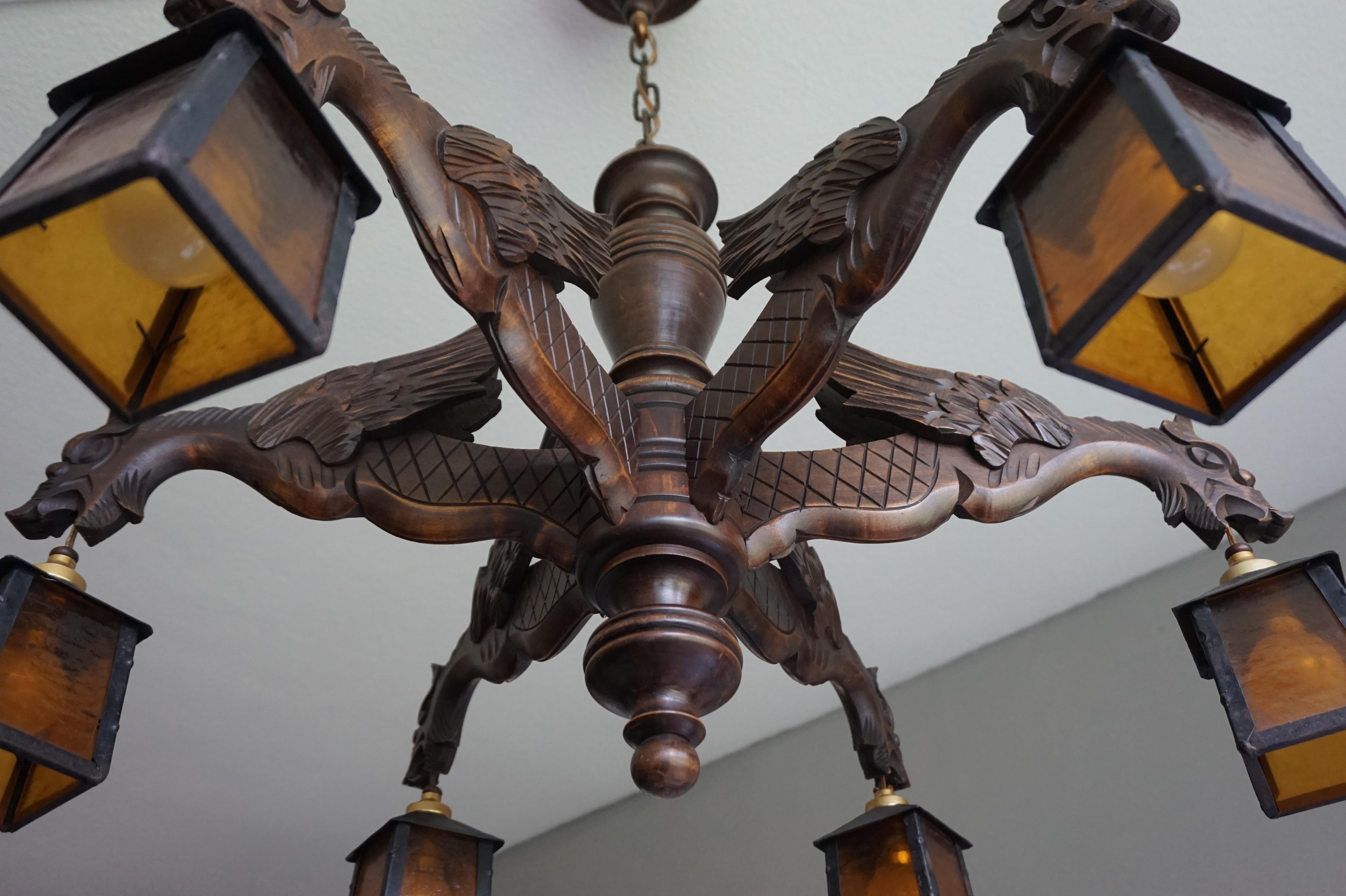 Hand Carved Chandelier in Medieval Gothic Style, Six Dragons Holding Lanterns 1
