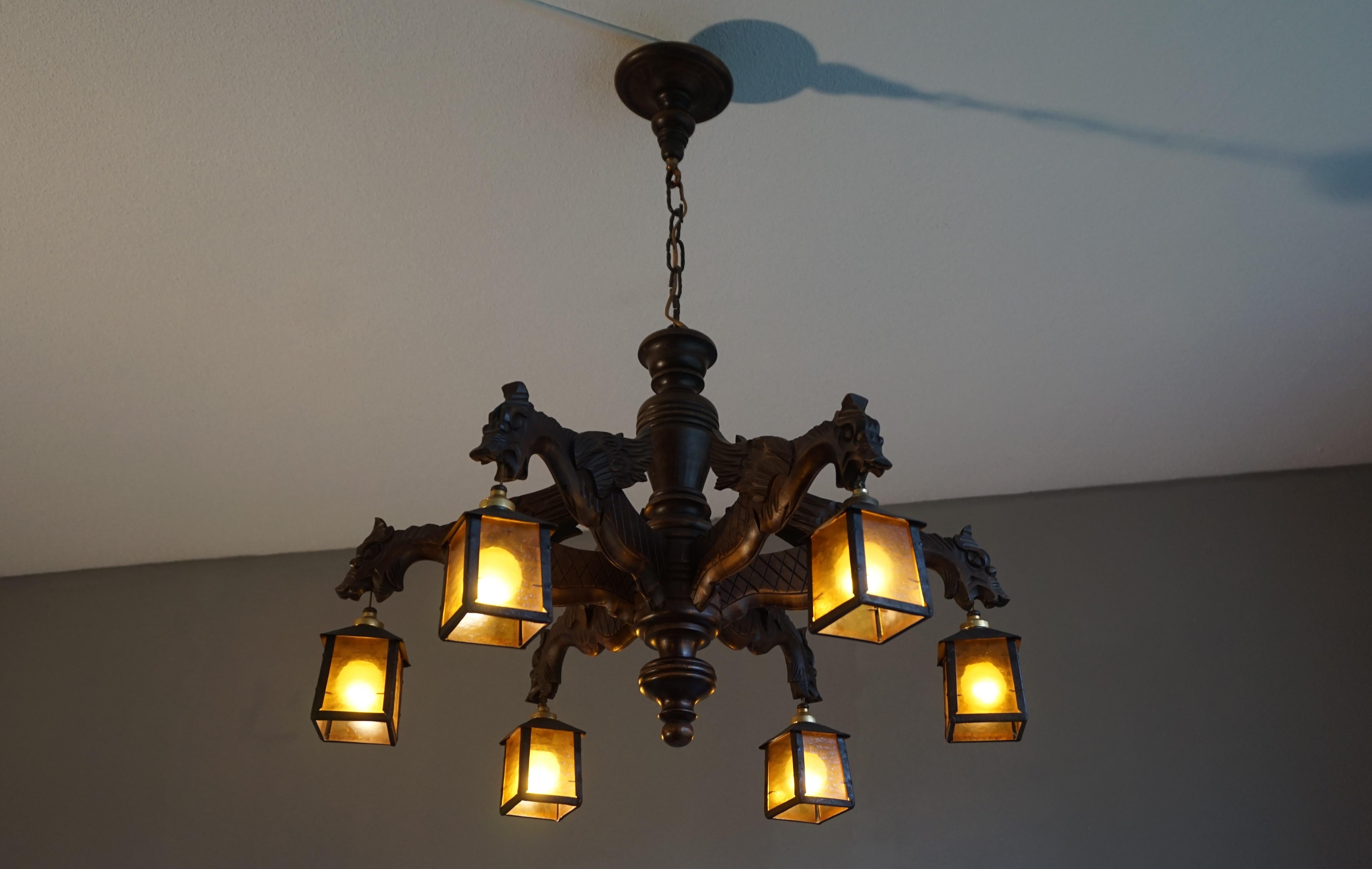 Hand Carved Chandelier in Medieval Gothic Style, Six Dragons Holding Lanterns 2
