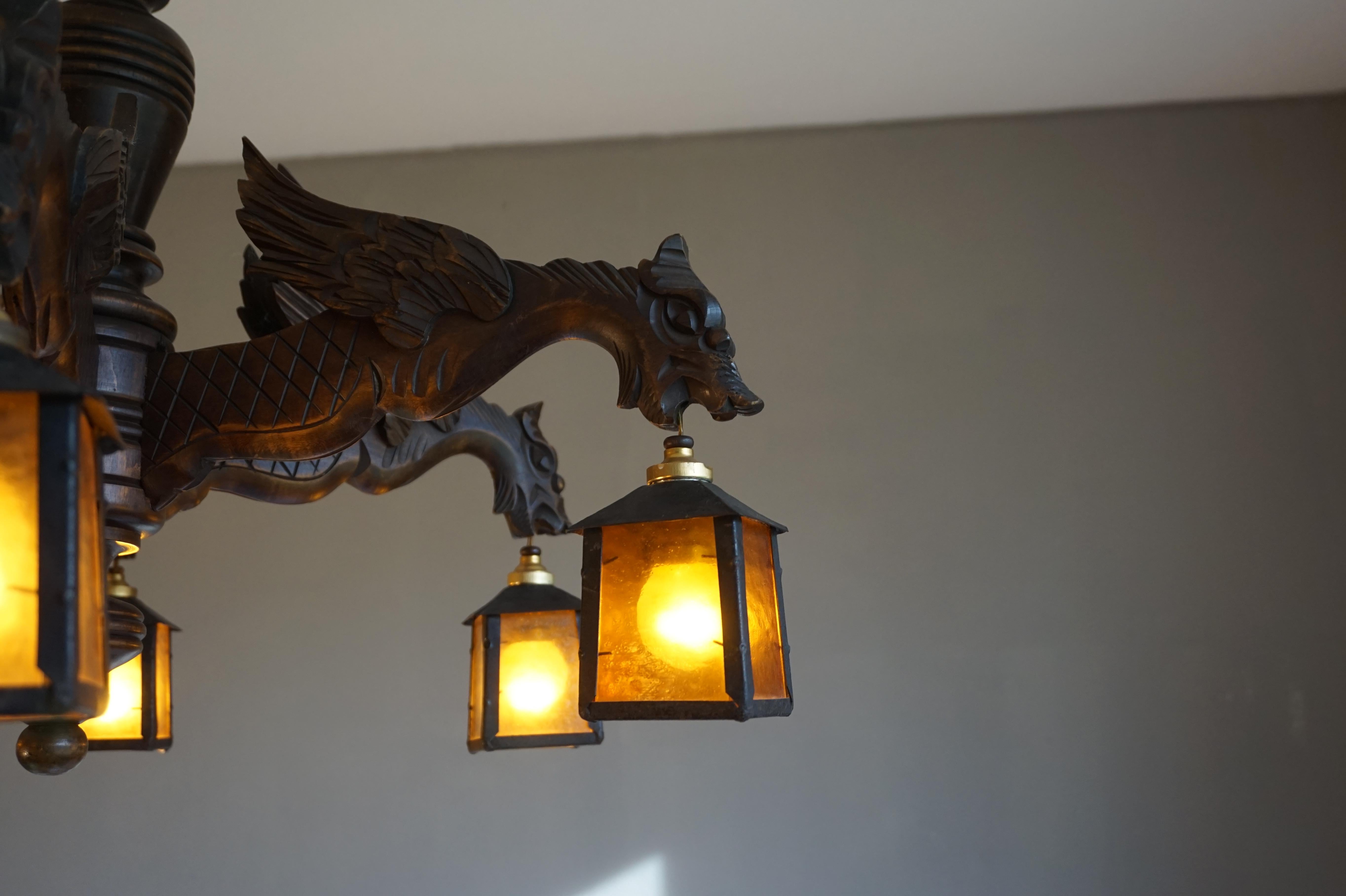 Hand Carved Chandelier in Medieval Gothic Style, Six Dragons Holding Lanterns 3