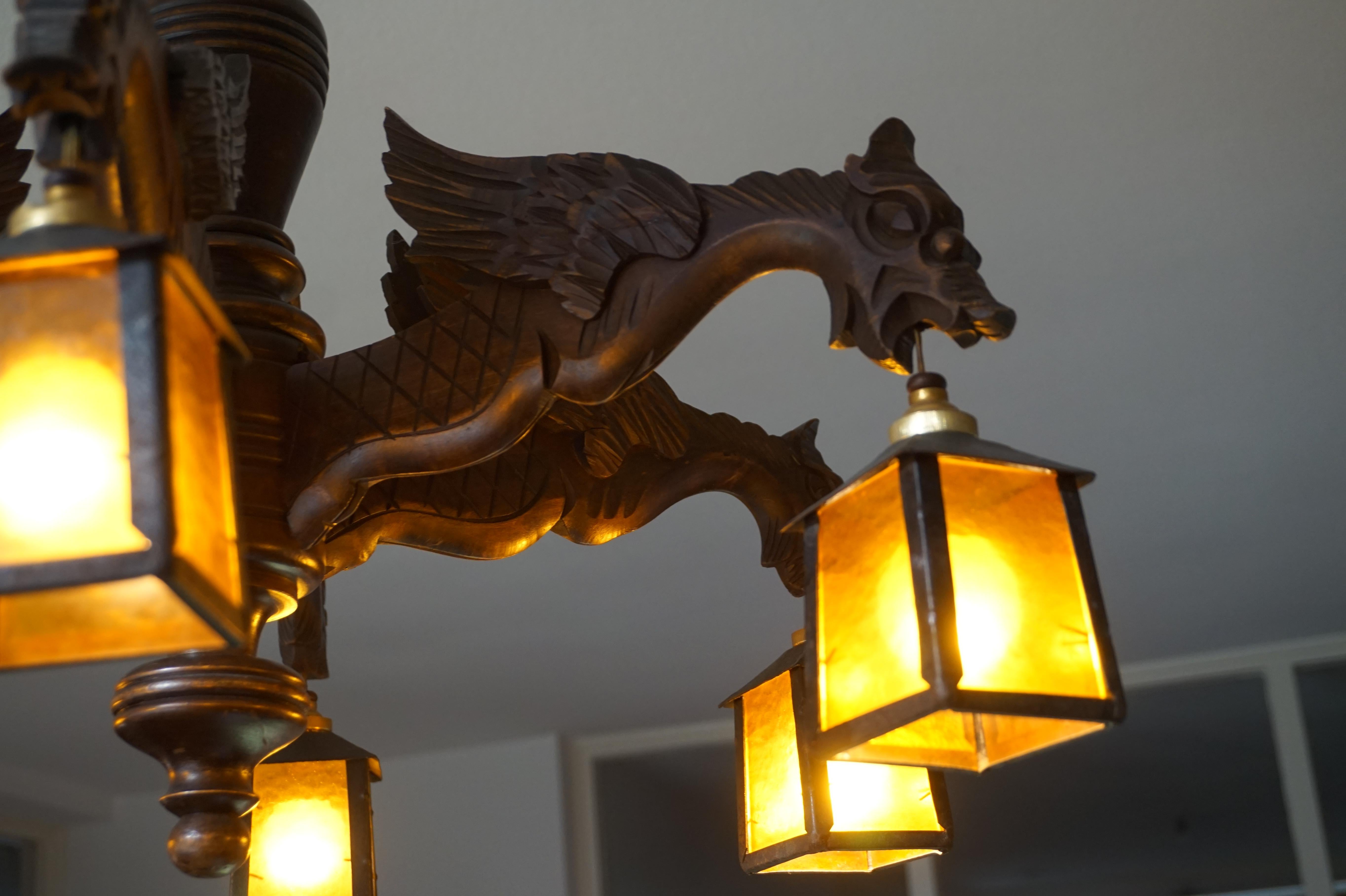 Hand Carved Chandelier in Medieval Gothic Style, Six Dragons Holding Lanterns 4
