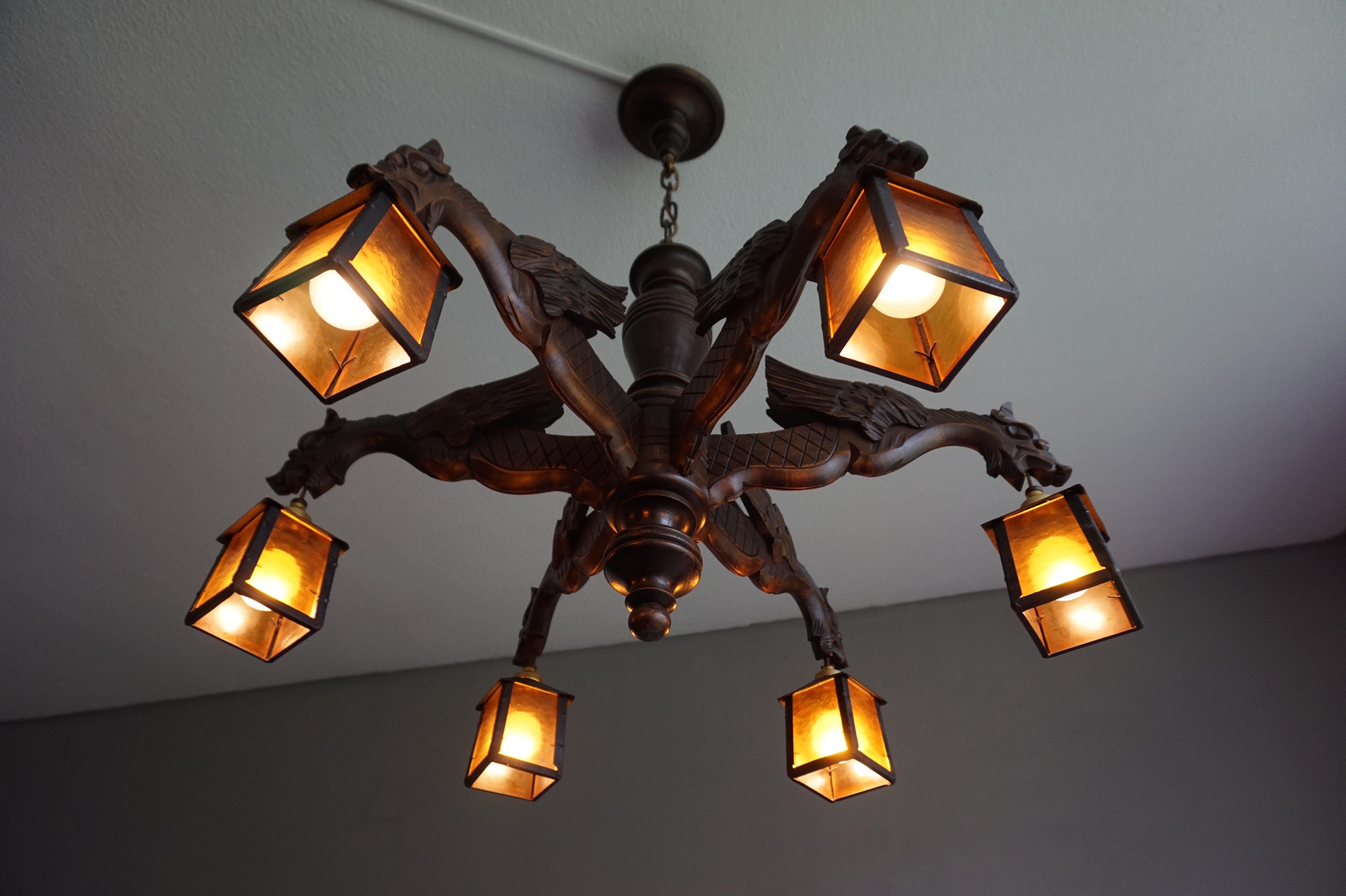 Hand Carved Chandelier in Medieval Gothic Style, Six Dragons Holding Lanterns 9