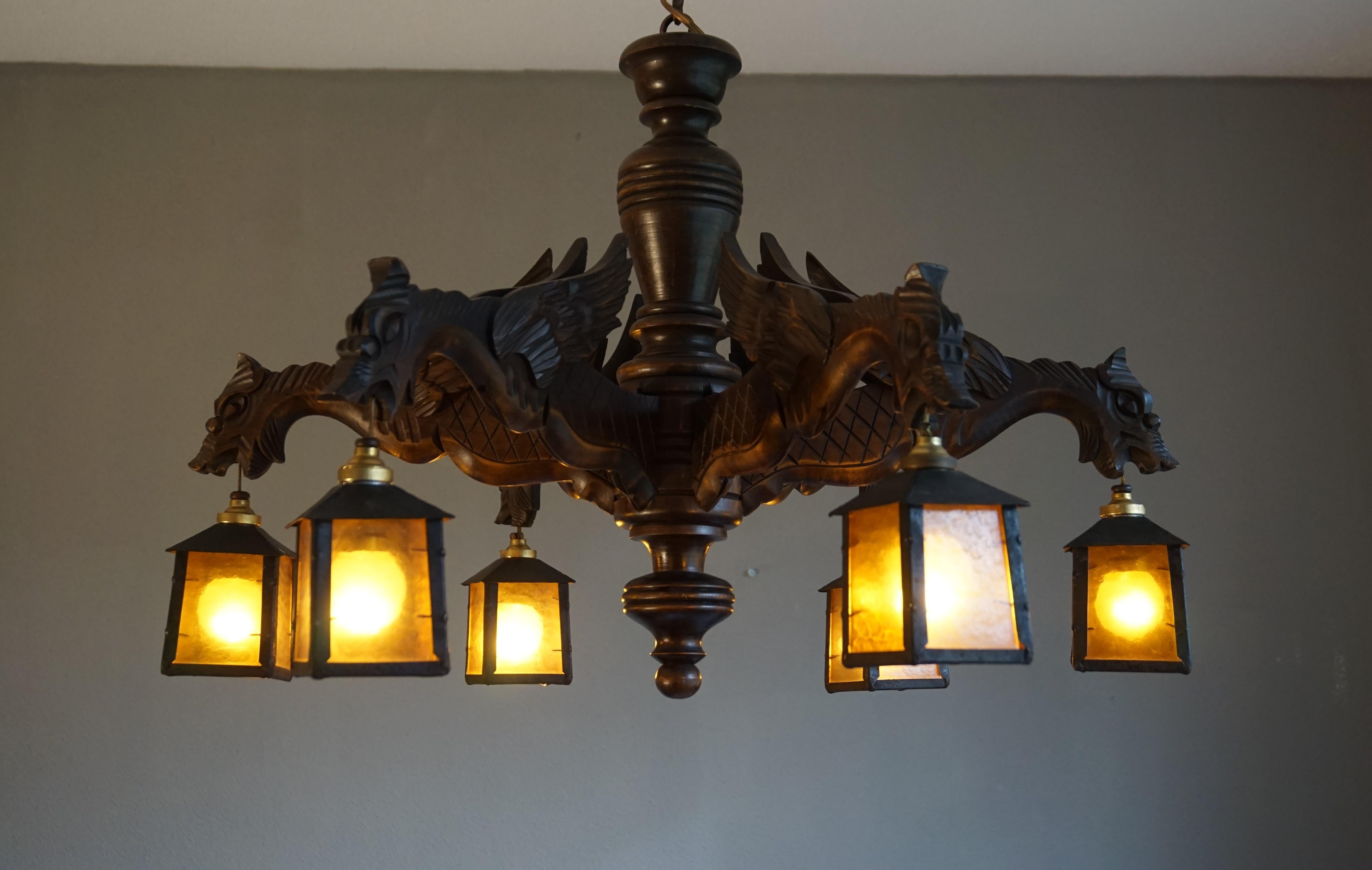 Gothic Revival Hand Carved Chandelier in Medieval Gothic Style, Six Dragons Holding Lanterns