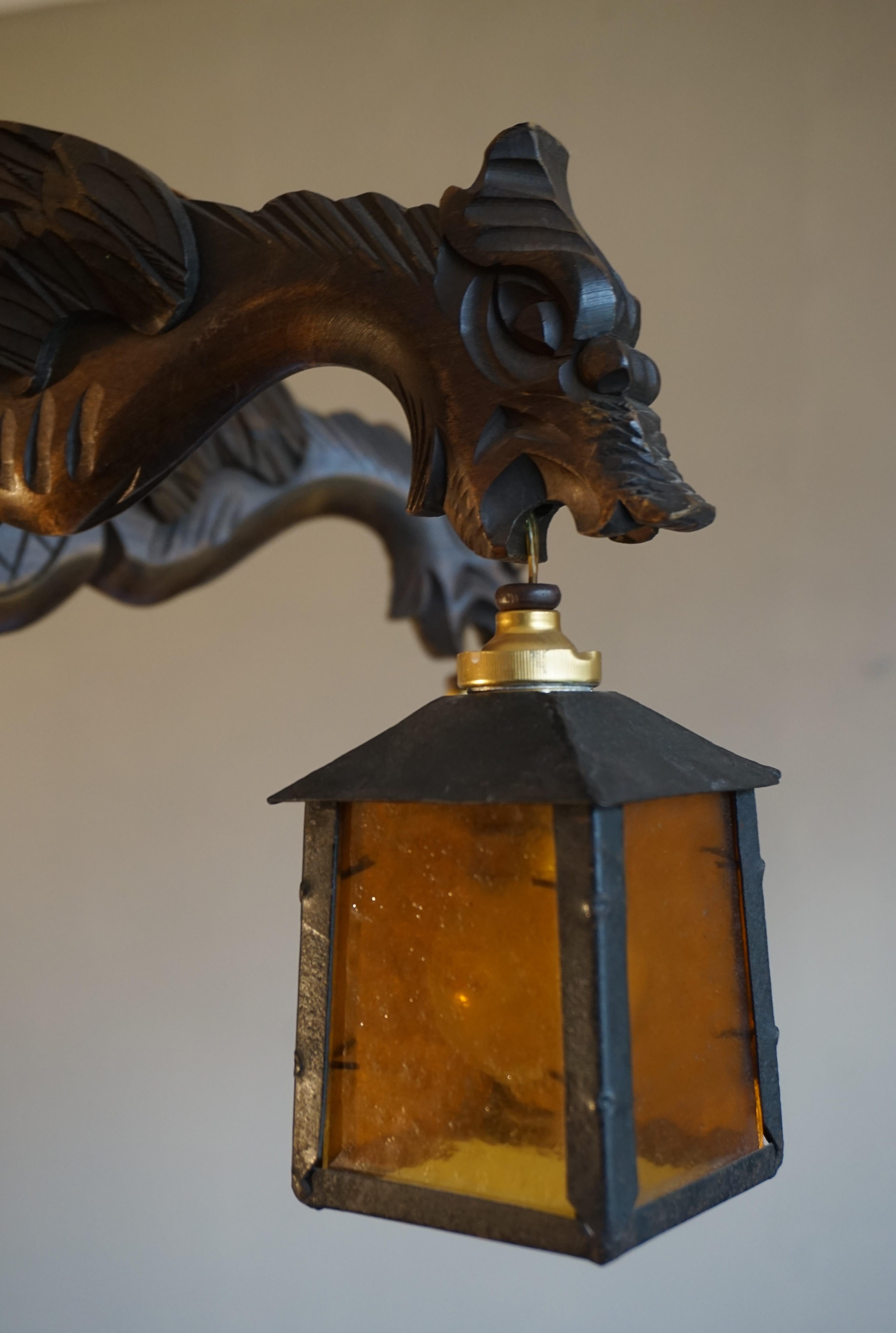 Blackened Hand Carved Chandelier in Medieval Gothic Style, Six Dragons Holding Lanterns