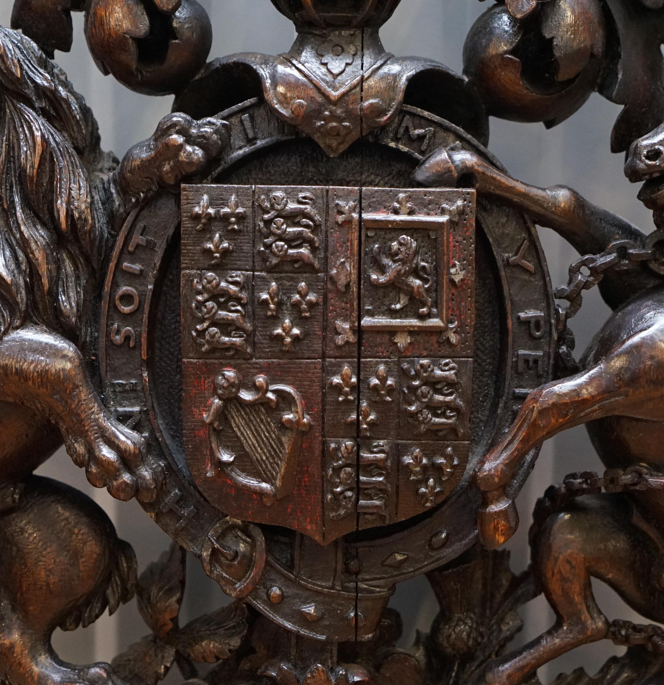 Hand-Carved Hand Carved Charles II English Royal Coat of Arms 1660-1685 Armorial Crest