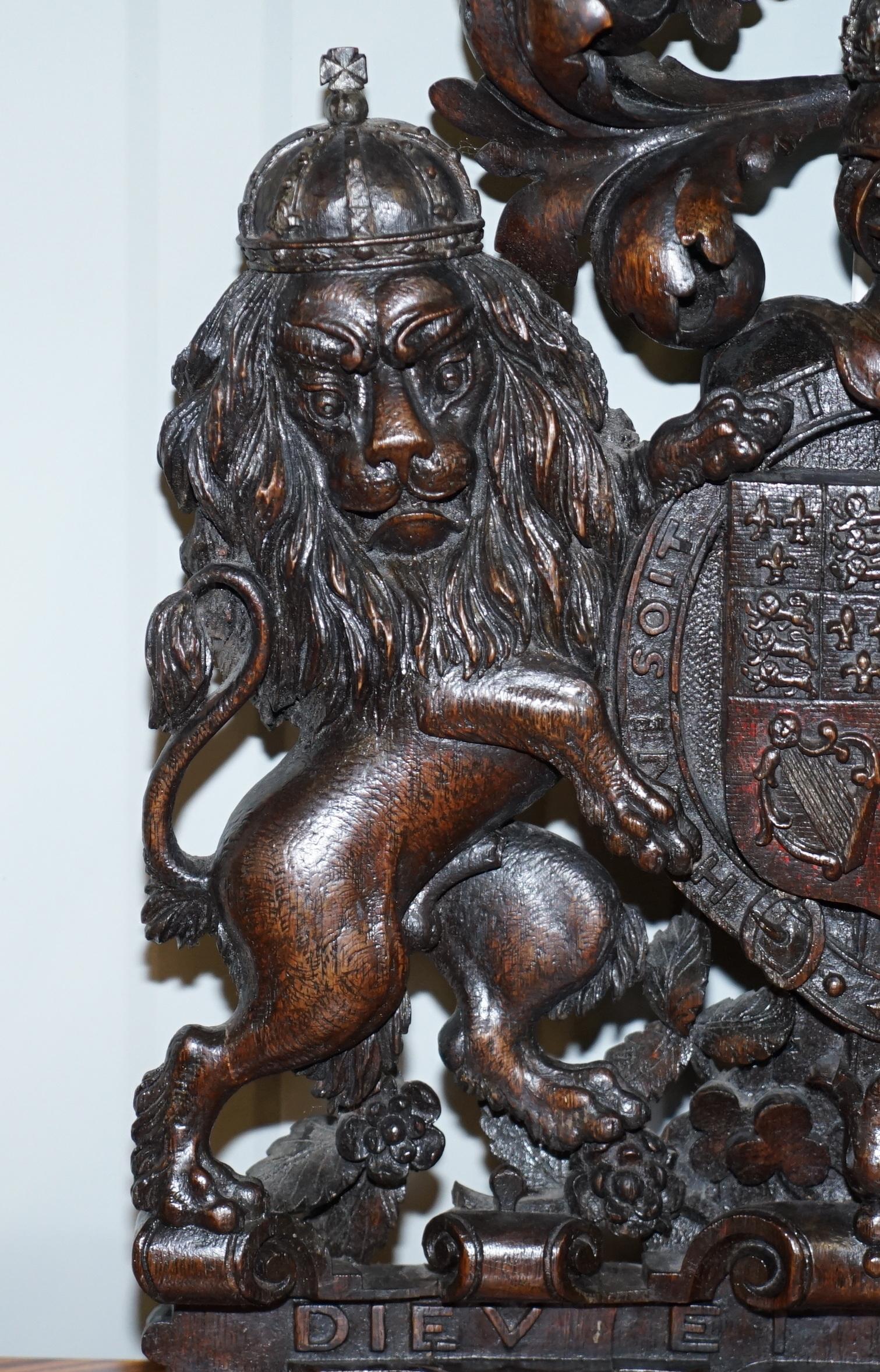 Mid-17th Century Hand Carved Charles II English Royal Coat of Arms 1660-1685 Armorial Crest