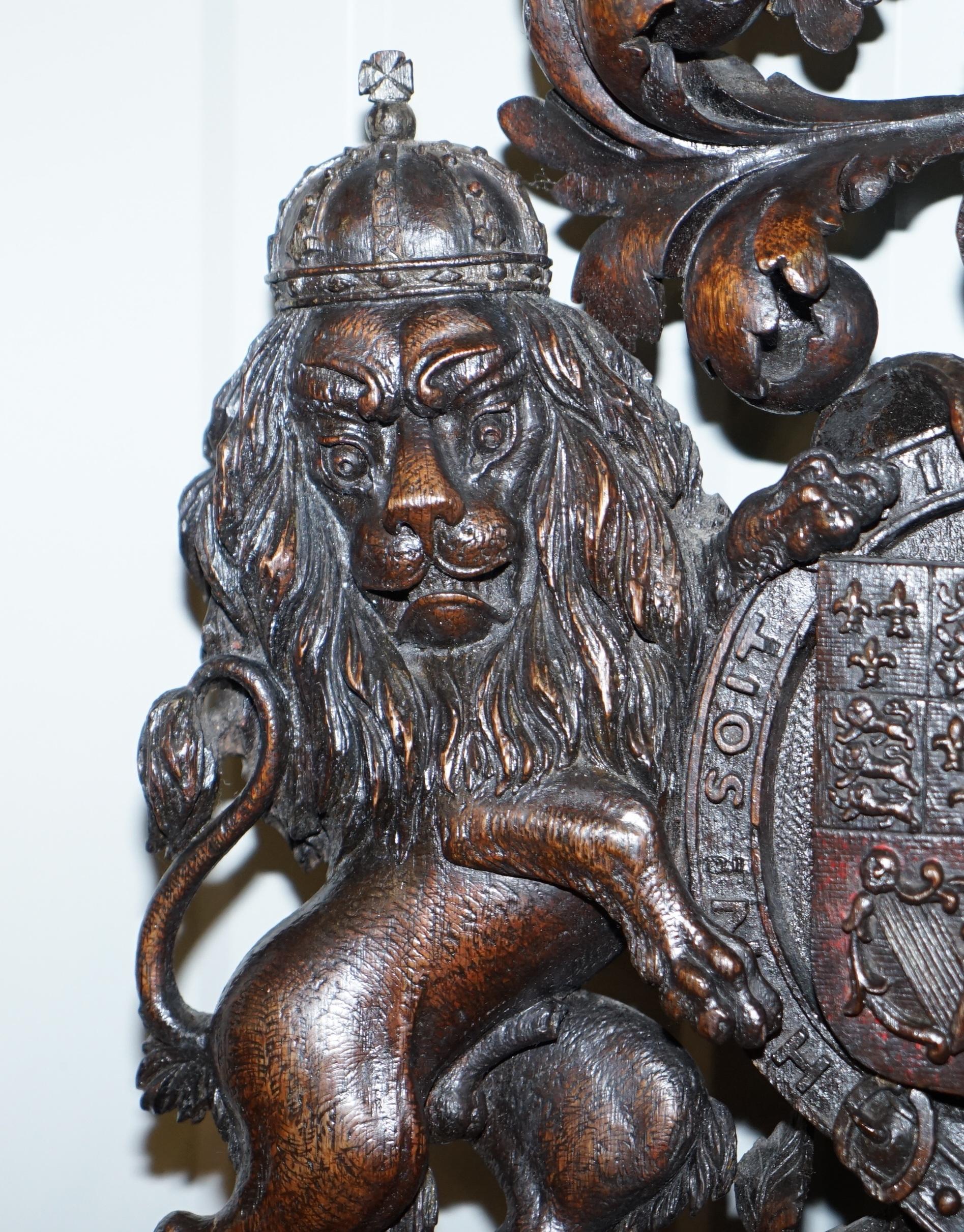 Mid-17th Century Hand Carved Charles II English Royal Coat of Arms 1660-1685 Armorial Crest